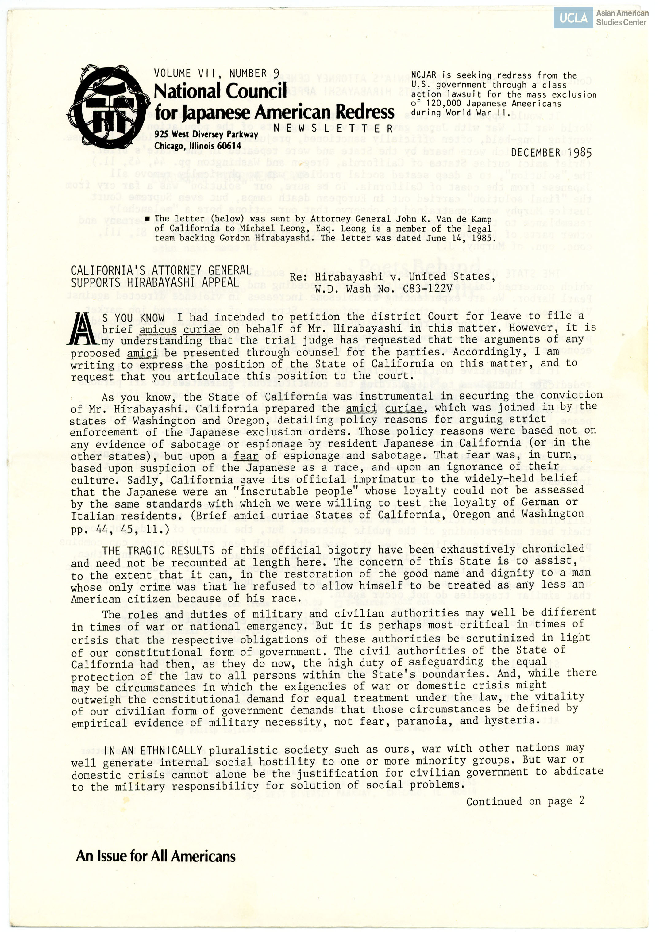 NCJAR newsletter includes: letter from John K. Van De Kamp (General Attorney), 