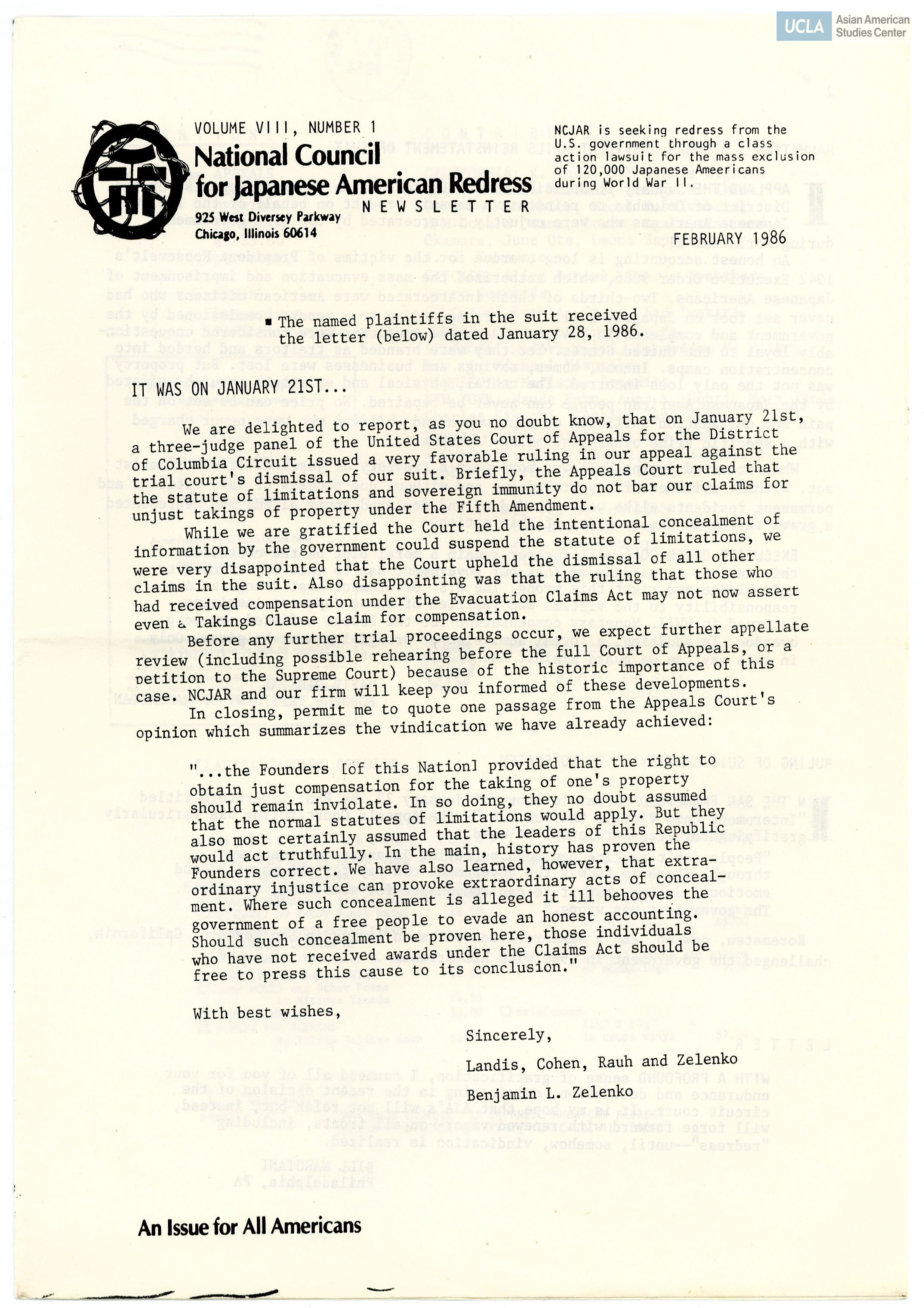 NCJAR newsletter includes: letter from Landis, Cohen, Rauh, and Zelenko, 