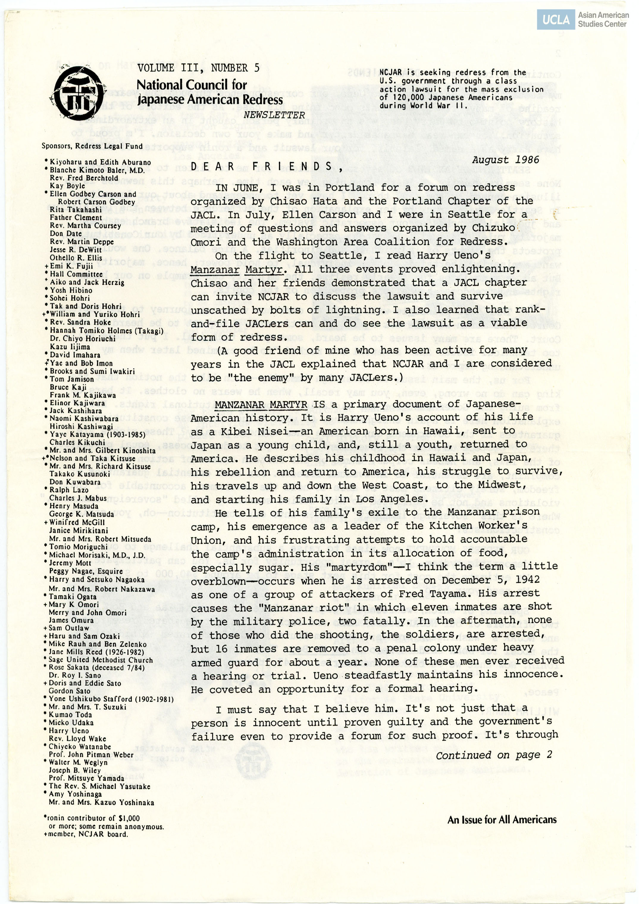 NCJAR newsletter includes: letter by William Hohri, 