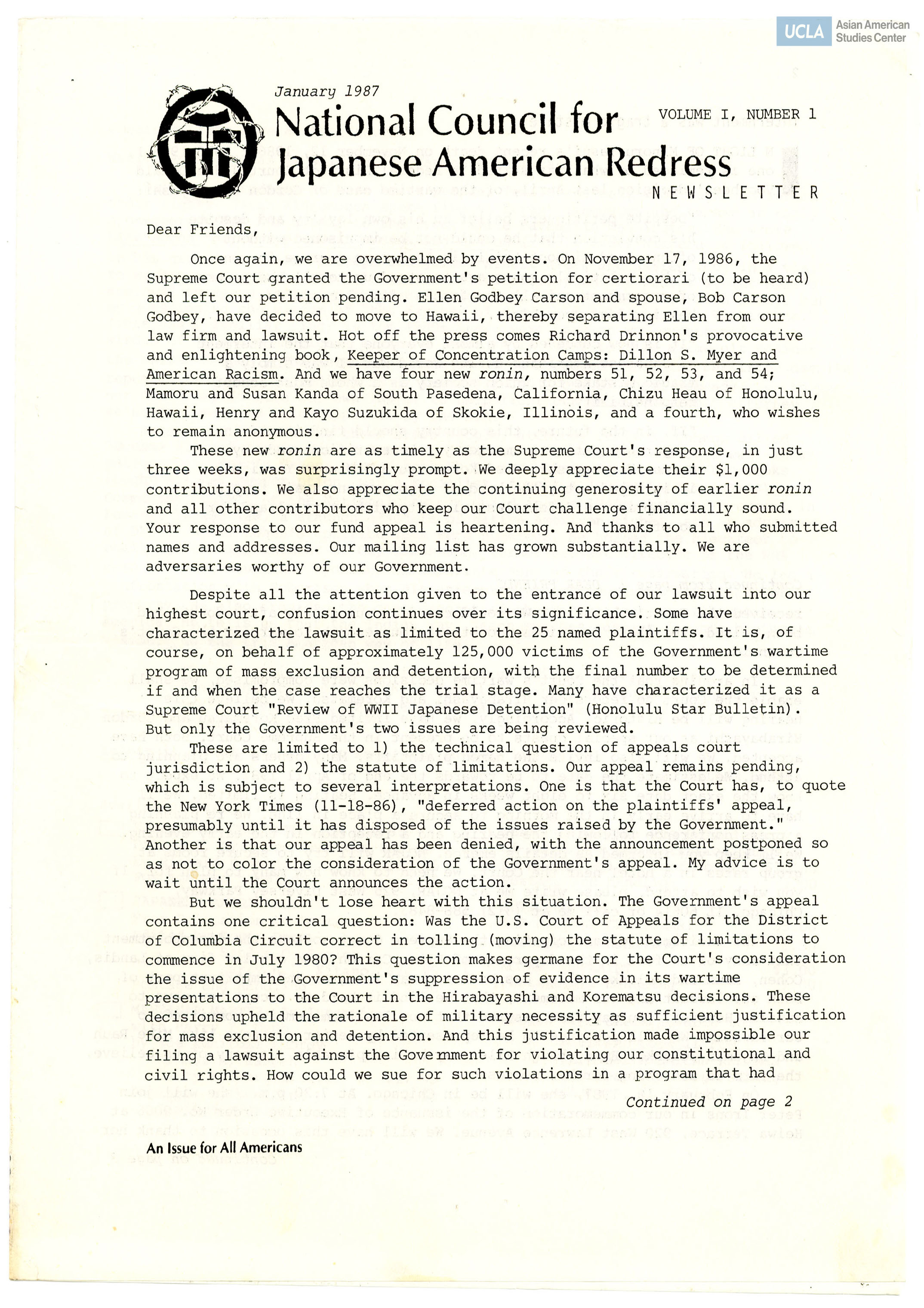 NCJAR newsletter includes: letter by William Hohri, 