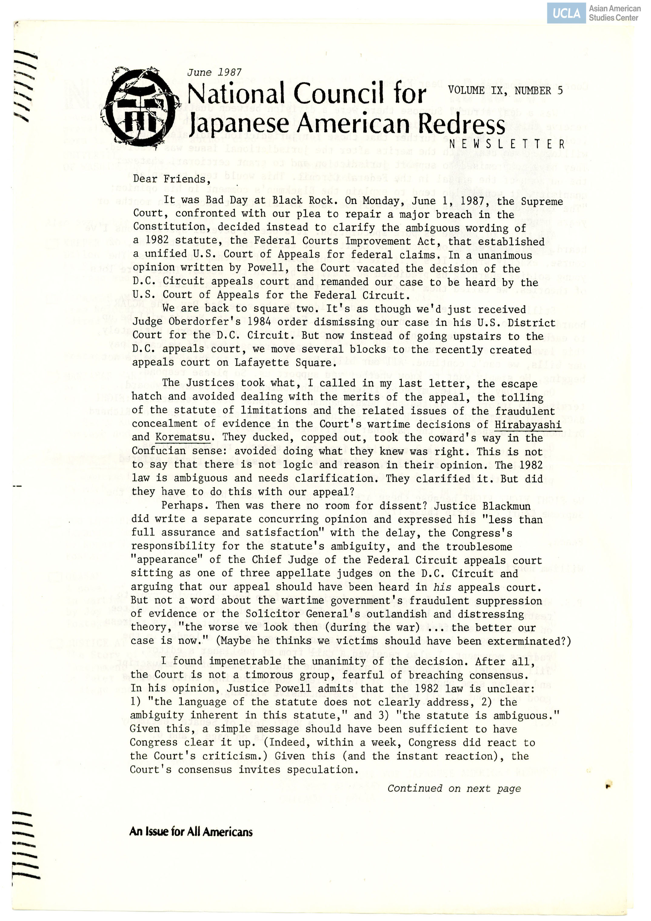 NCJAR newsletter includes: letter by William Hohri, 