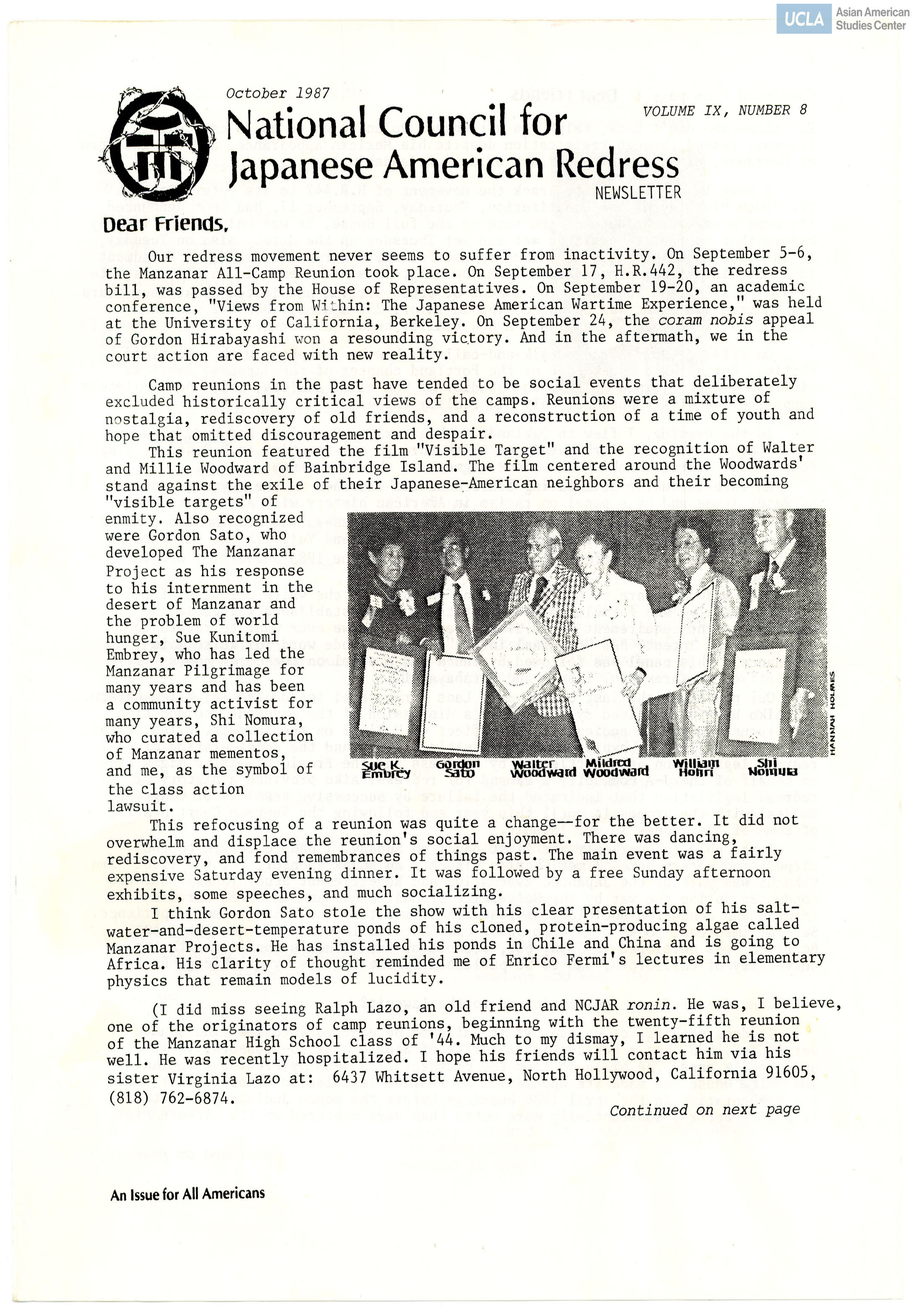 NCJAR newsletter includes: letter by William Hohri, 