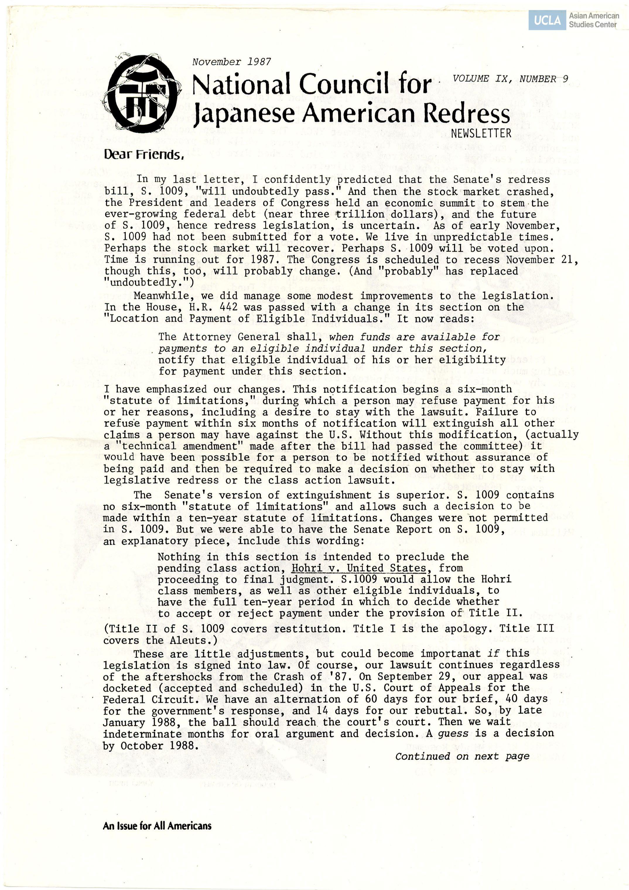NCJAR newsletter includes: letter by William Hohri, 