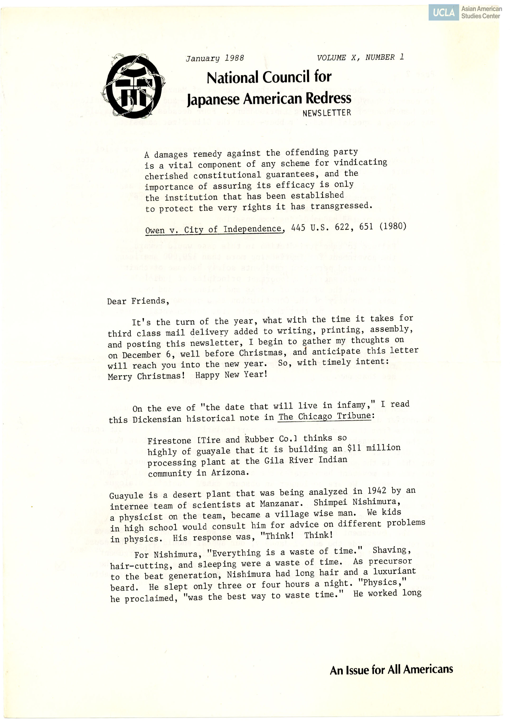 NCJAR newsletter includes: letter by William Hohri, 