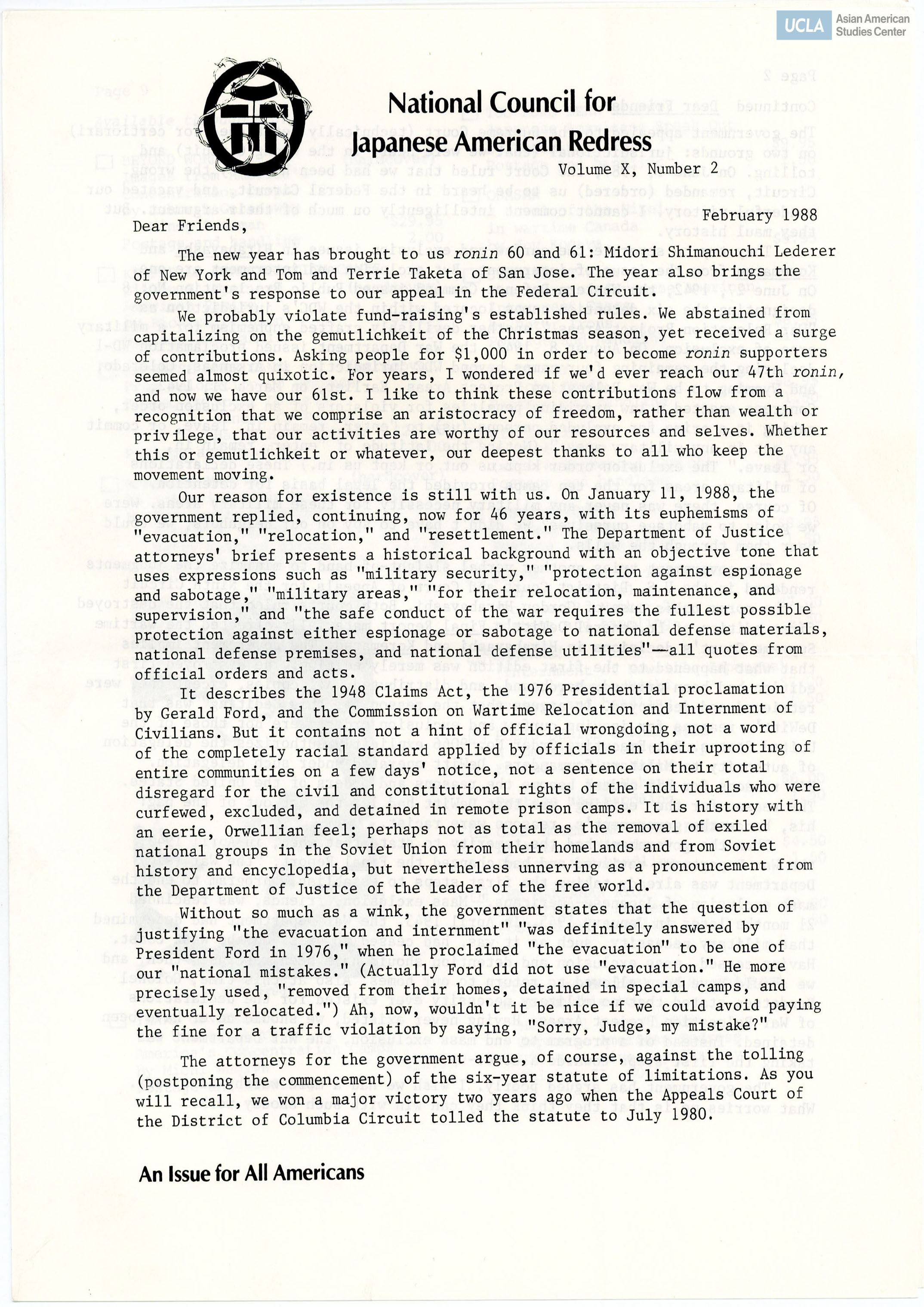 NCJAR newsletter includes: letter by William Hohri, Notes, Contributors, 