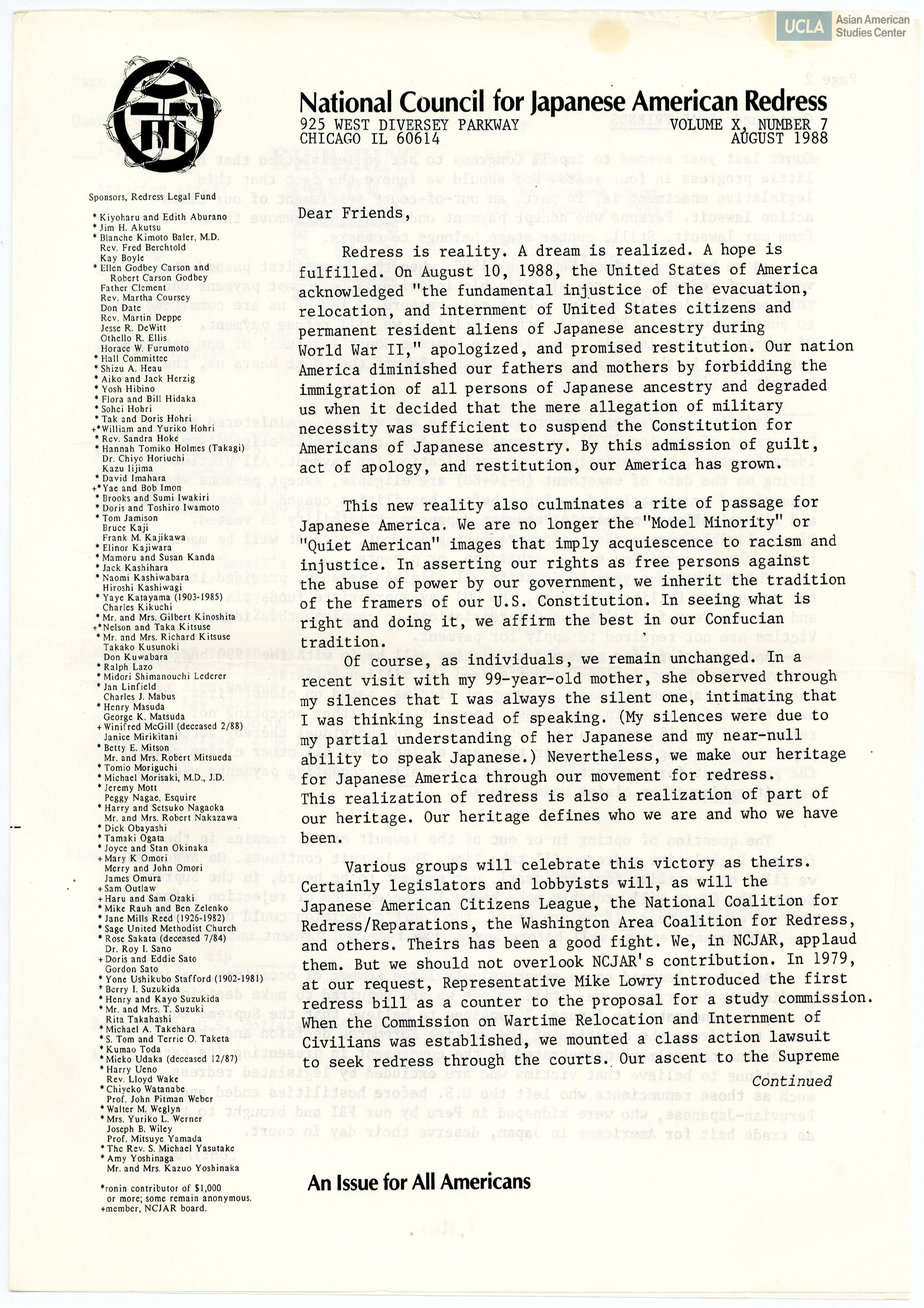 NCJAR newsletter includes: letter by William Hohri, 
