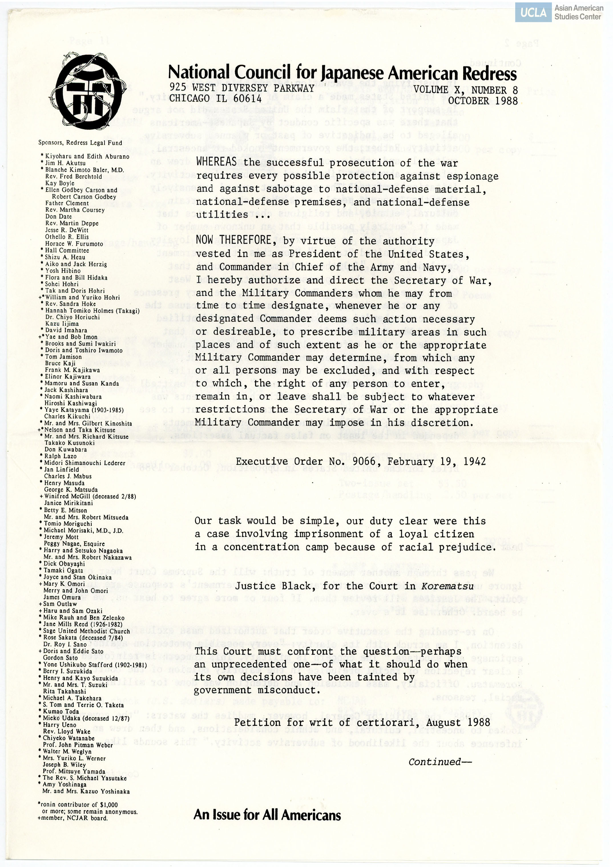 NCJAR newsletter includes: letter by William Hohri, 