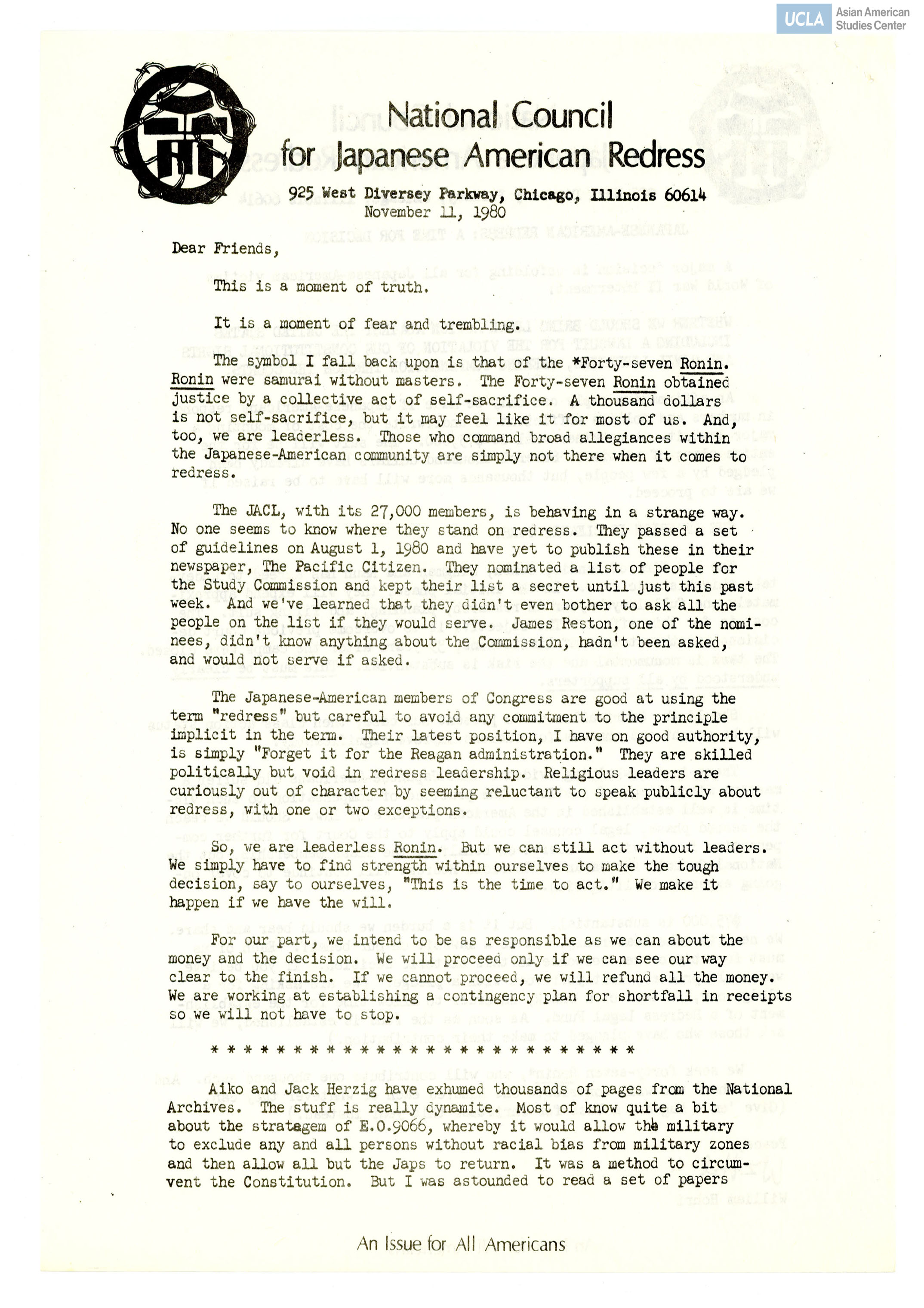 Letter regarding the direction and organization of Japanese American redress.