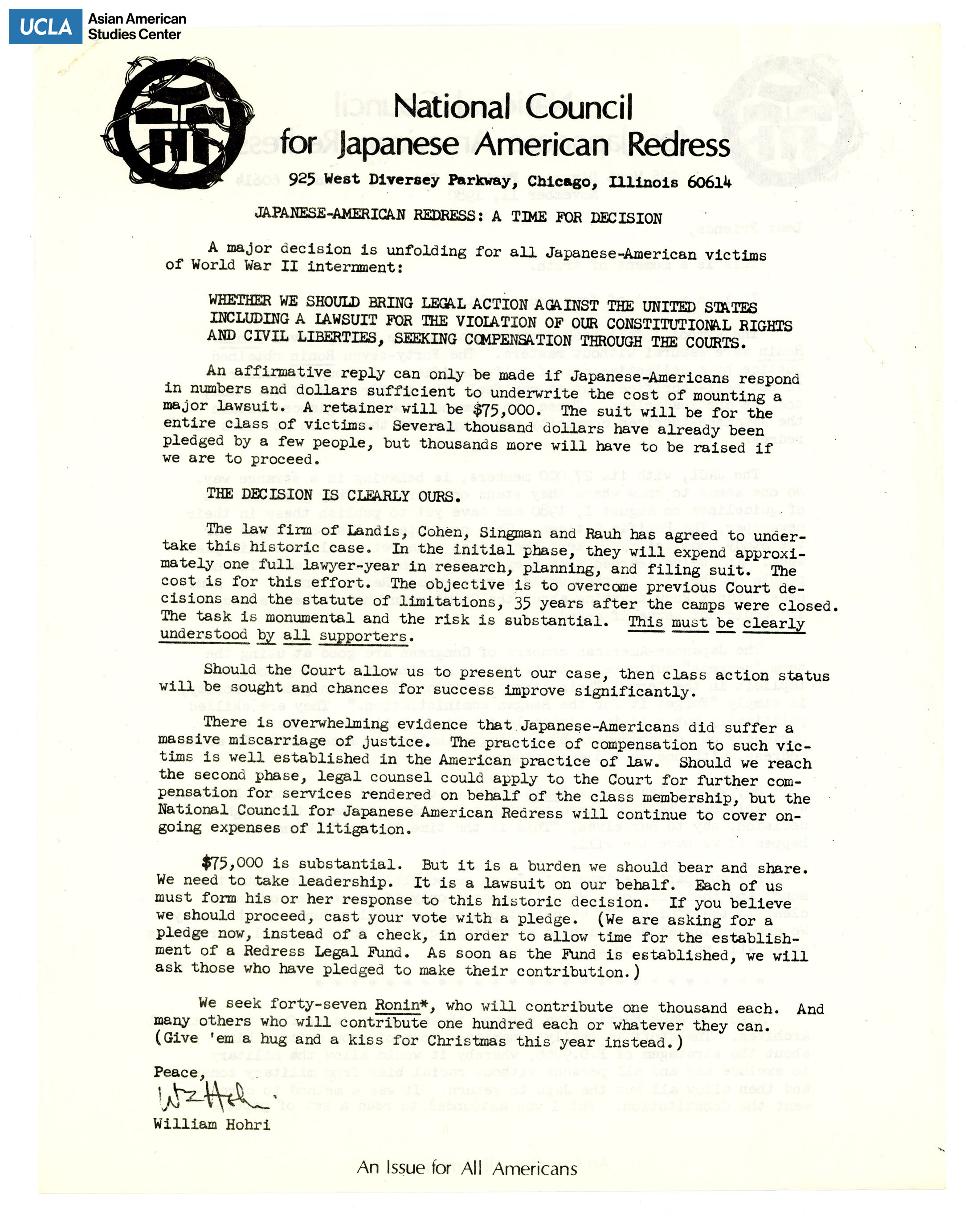 Flyer regarding steps towards legal action against the United States for the incarceration of Japanese Americans during World War II.