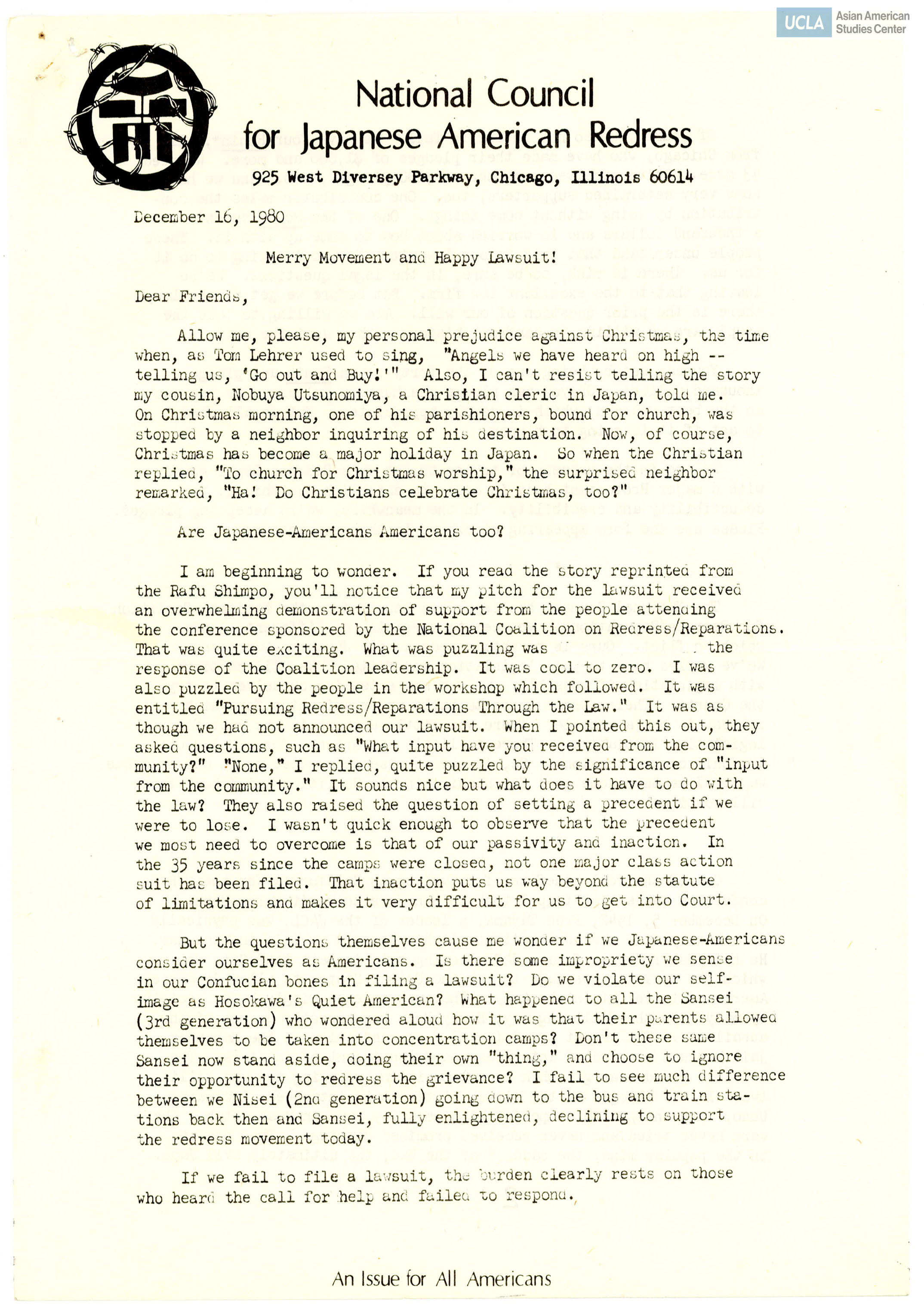 NCRR newsletter includes: letter from William Hohri, 
