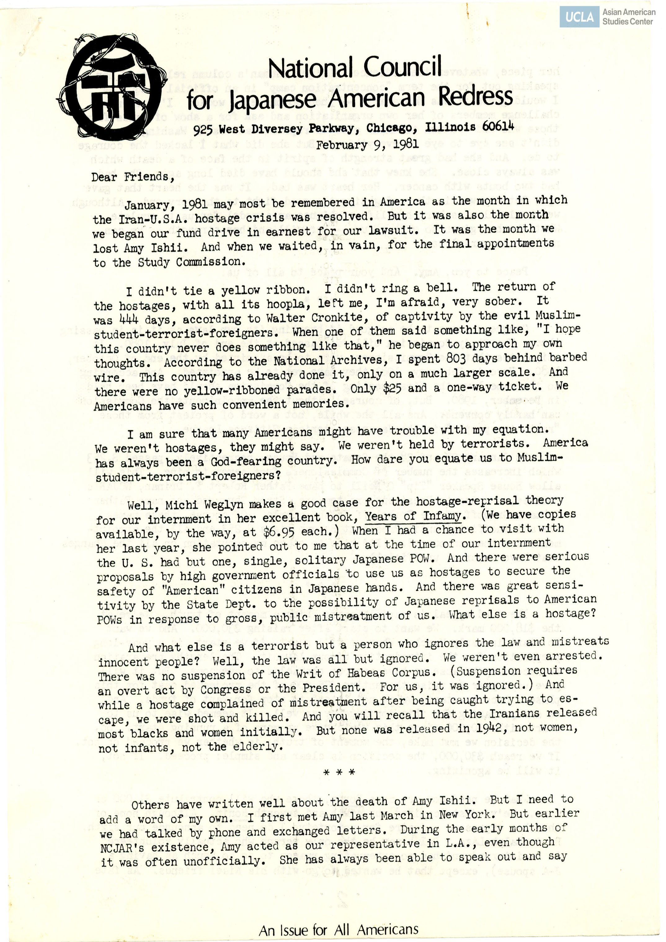 NCRR newsletter includes: letter from William Hohri, 