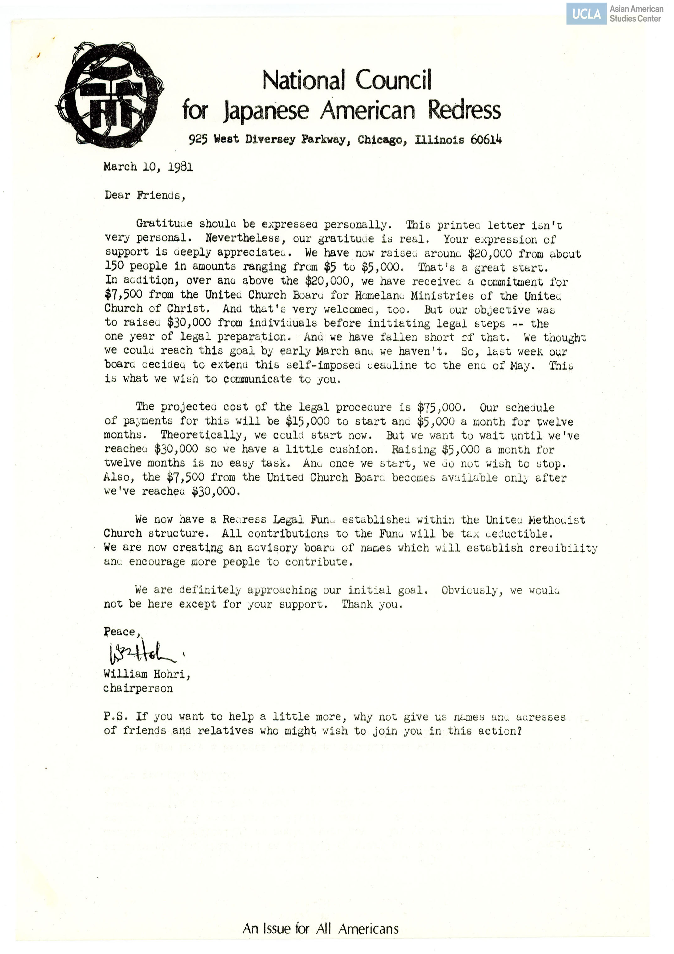Letter of gratitude regarding raising $20,000. Includes blank form for mailing list.