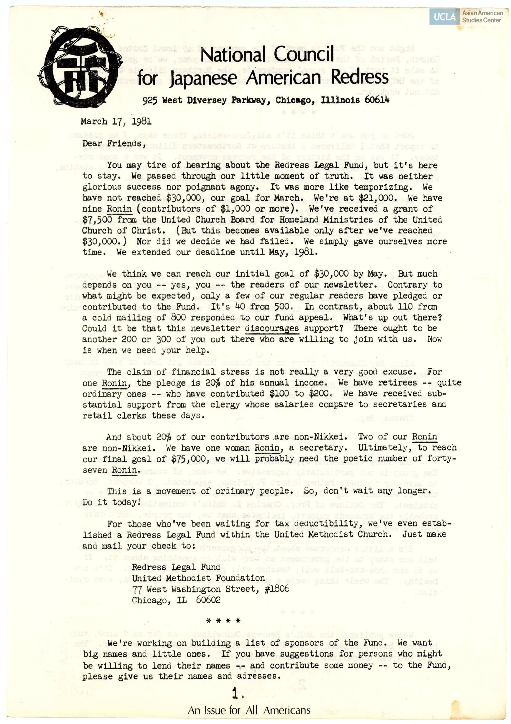 NCJAR newsletter includes: letter from William Hohri, and 