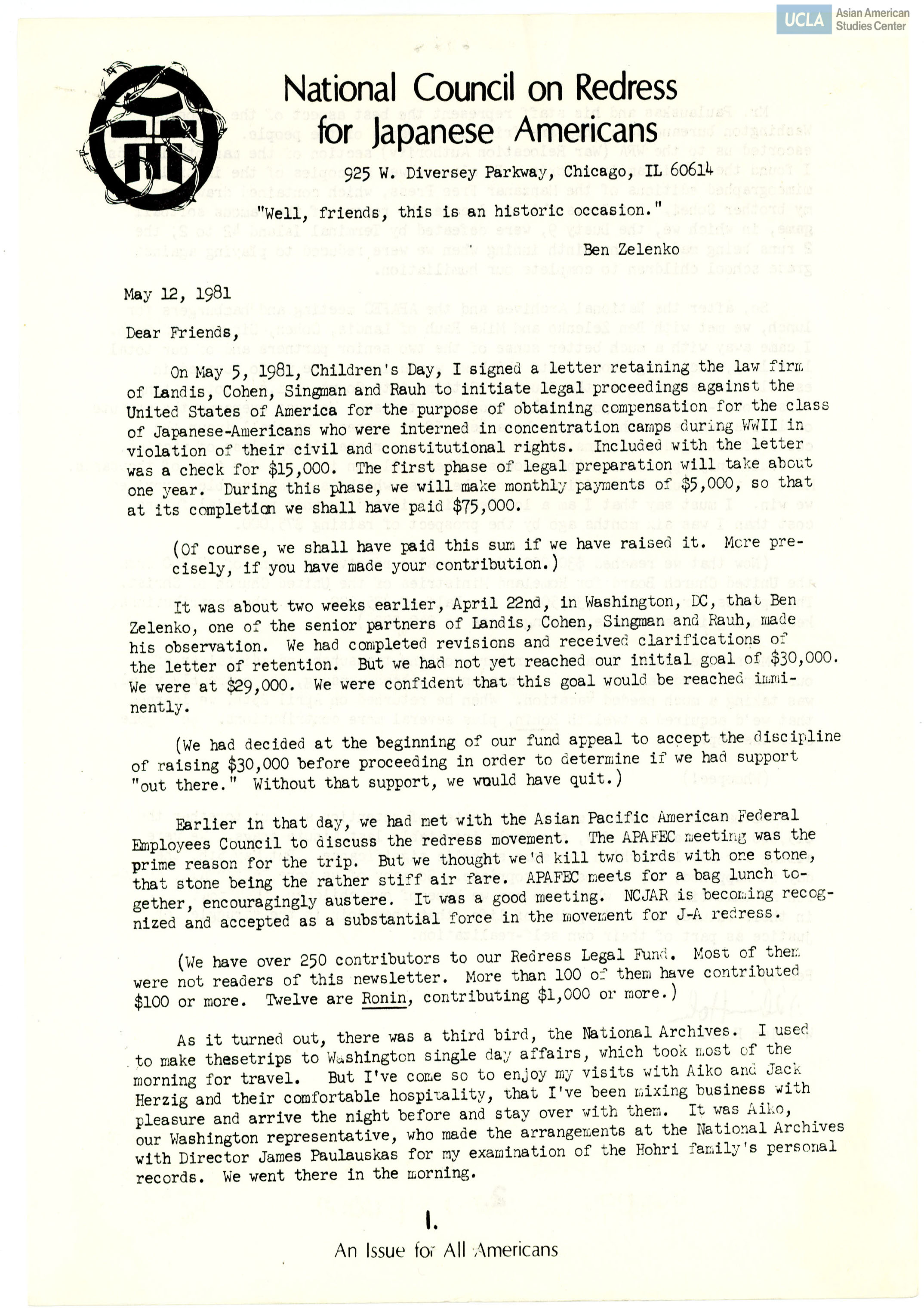 NCRR newsletter includes: letter by William Hohri, and 