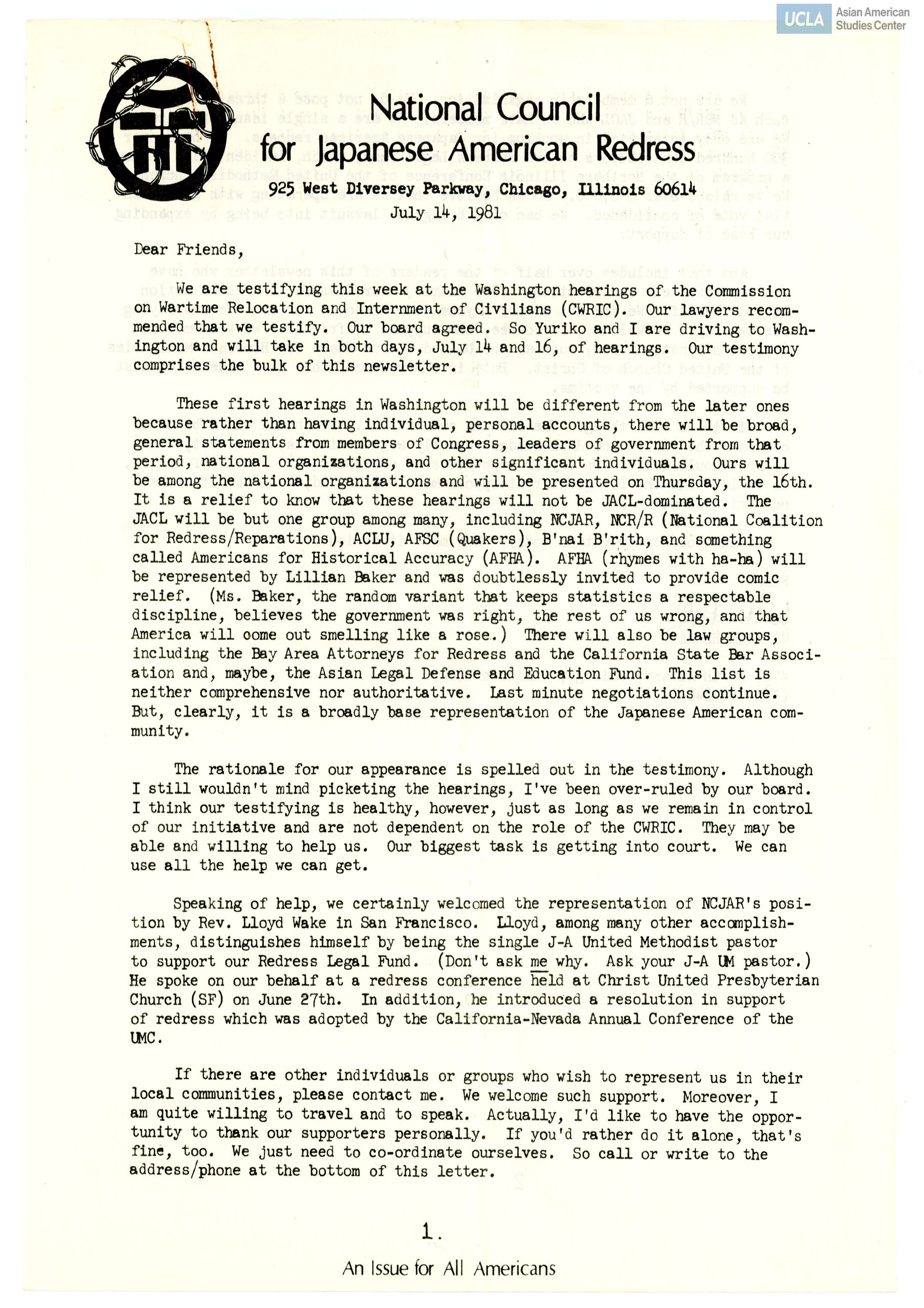 NCJAR newsletter includes: letter by William Hohri, and 