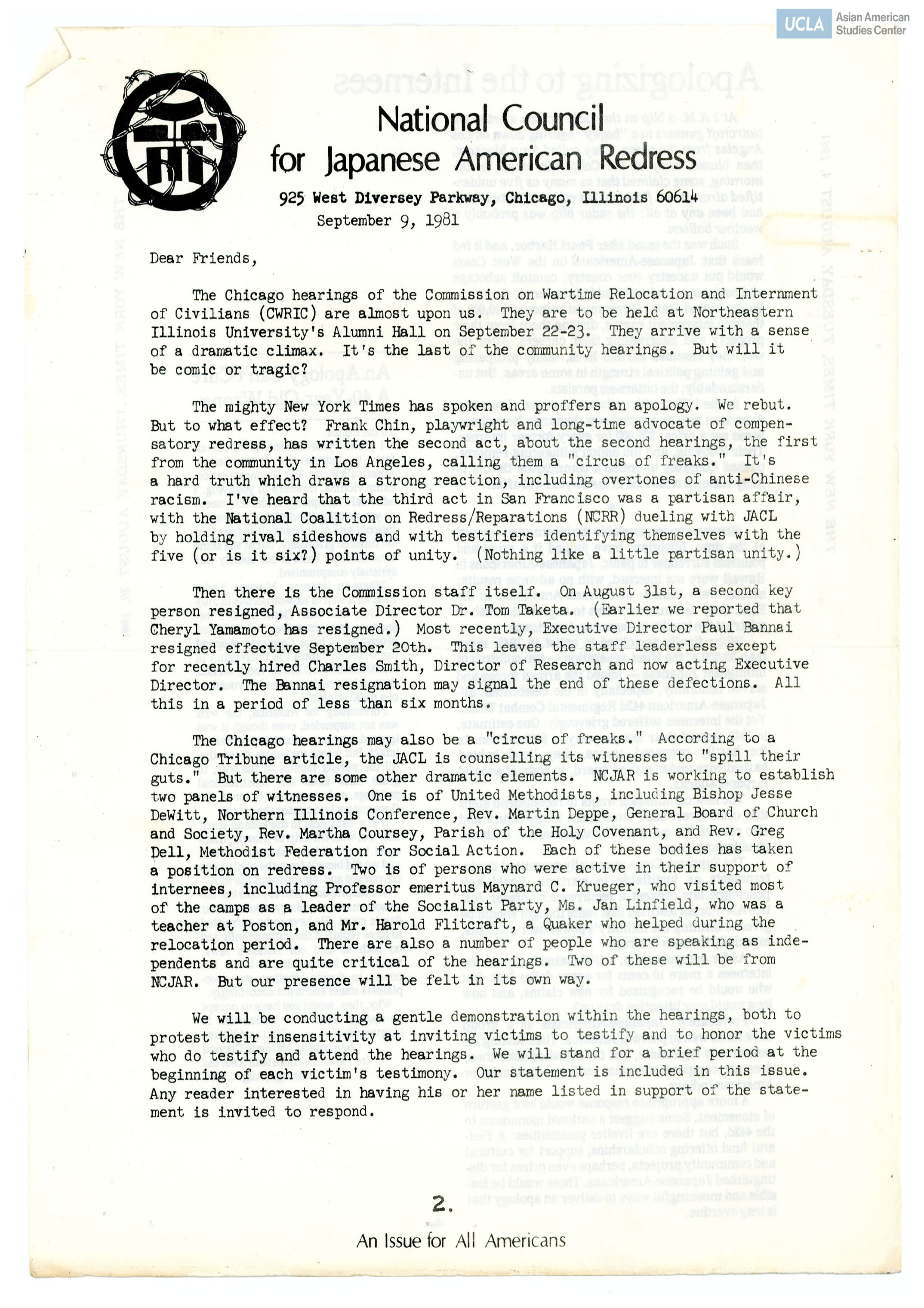 NCJAR newsletter includes: letter by William Hohri and 