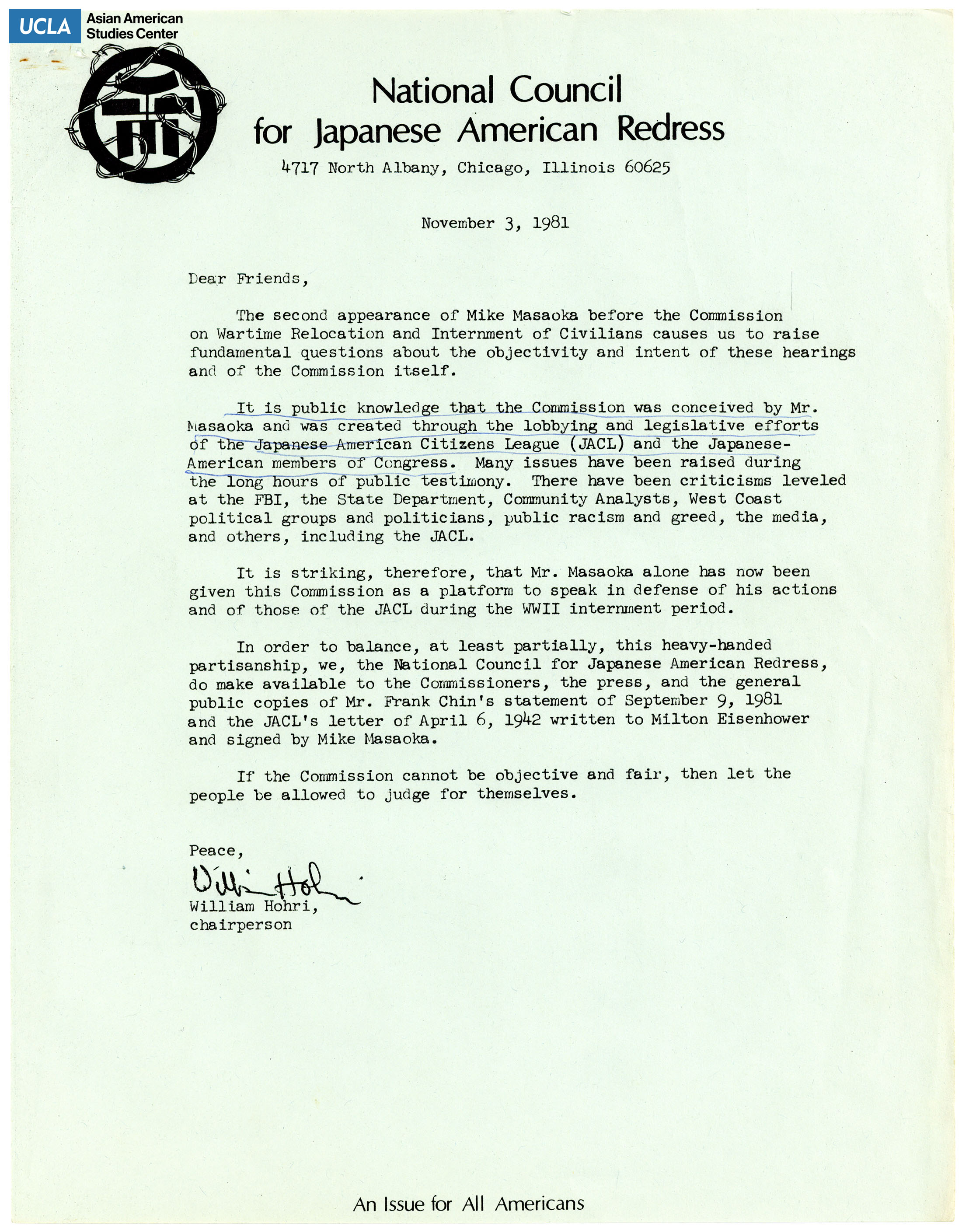 NCJAR letter regarding the appearance and hearing of Mike Masaoka for the Commission on Wartime Relocation and Internment of Civilians.