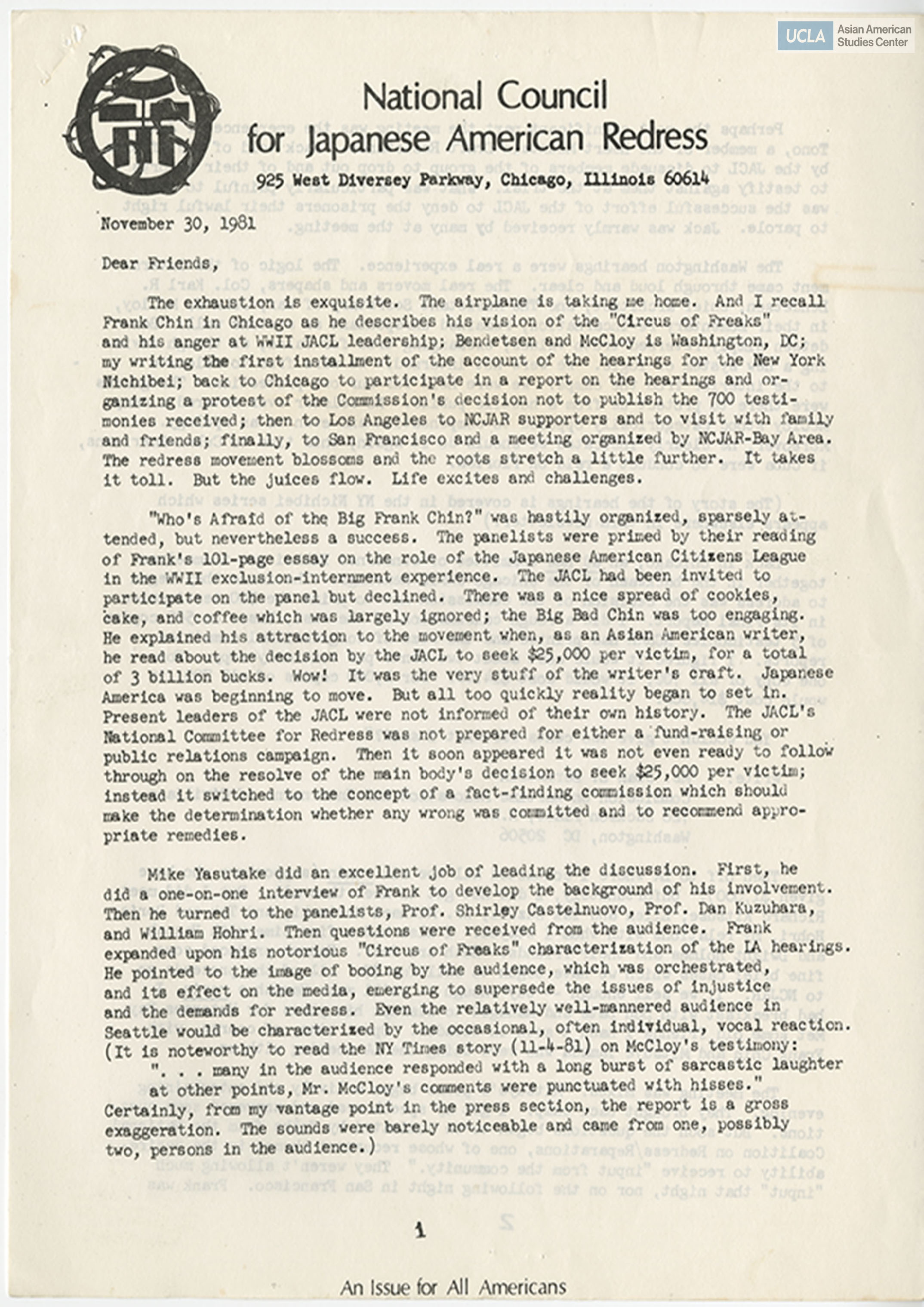 Newsletter regarding letter by William Hohri and clippings from The New York Nichibei.