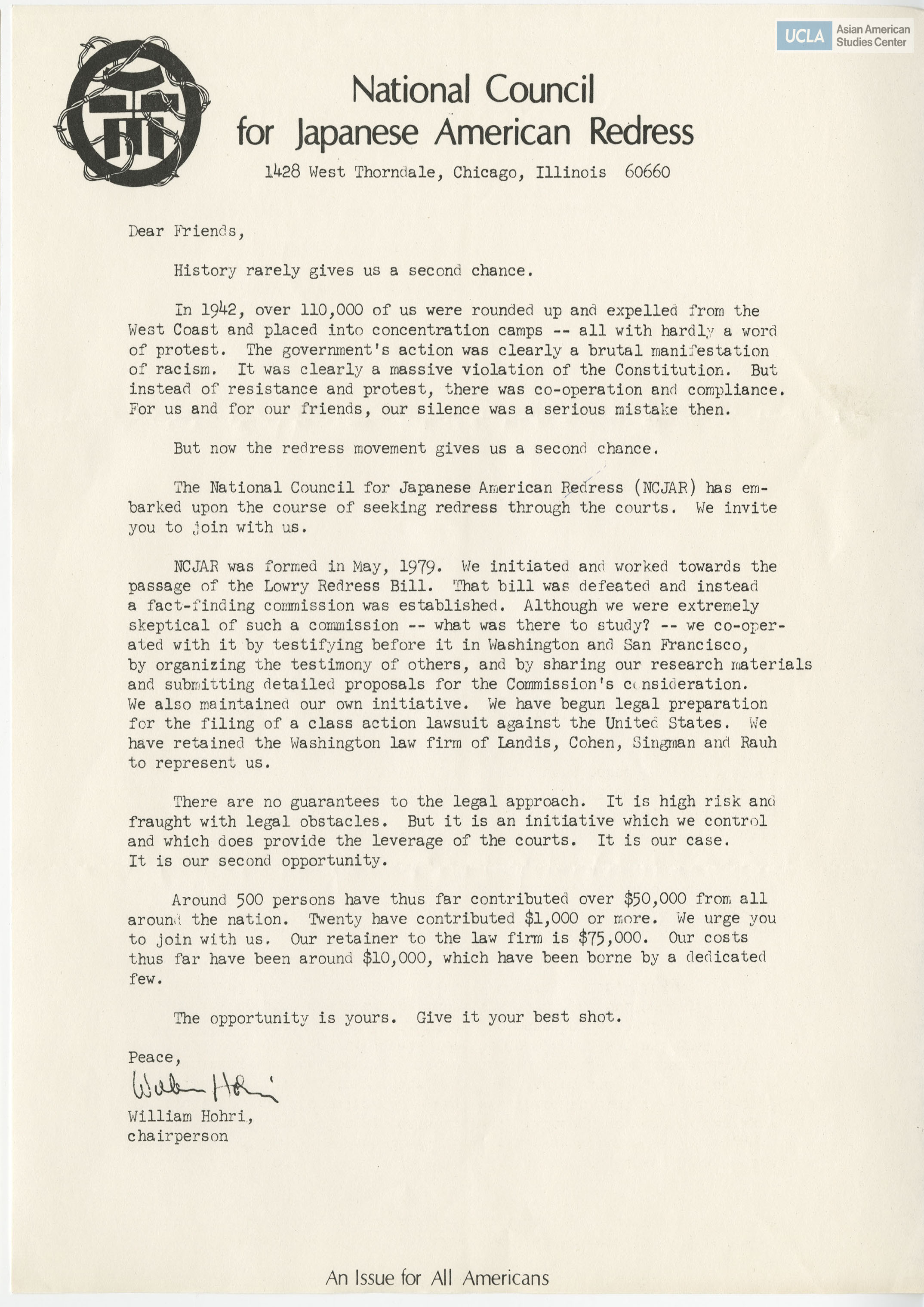 Letter addressed to members on monetary contributions to the Redress Legal Fund.