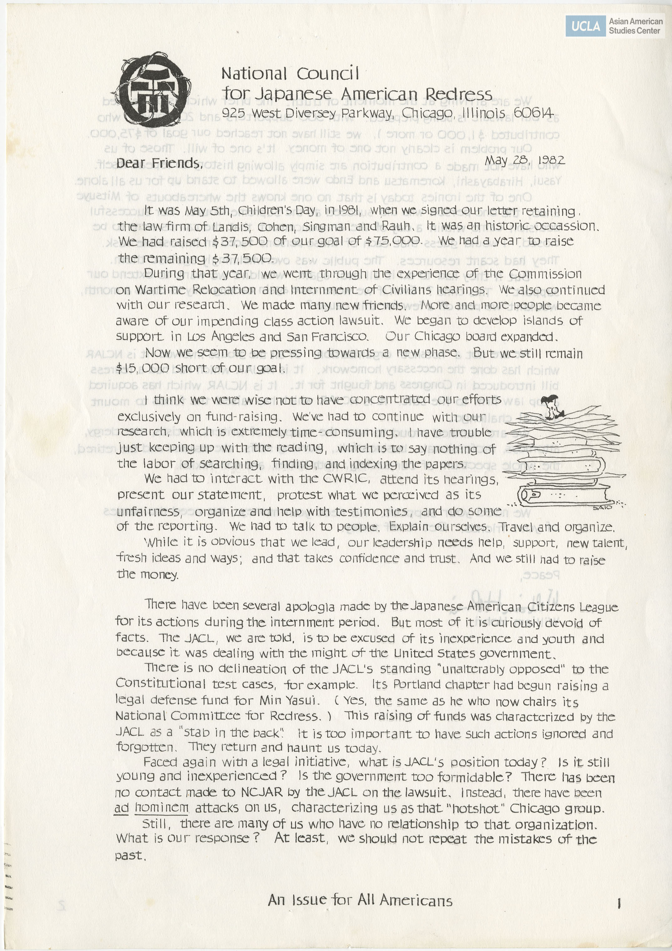 NCJAR newsletter includes titles: letter by William Hohri and the continuation of panel discussion in redress with Ben Zelenko and Ellen Godbey Carson.