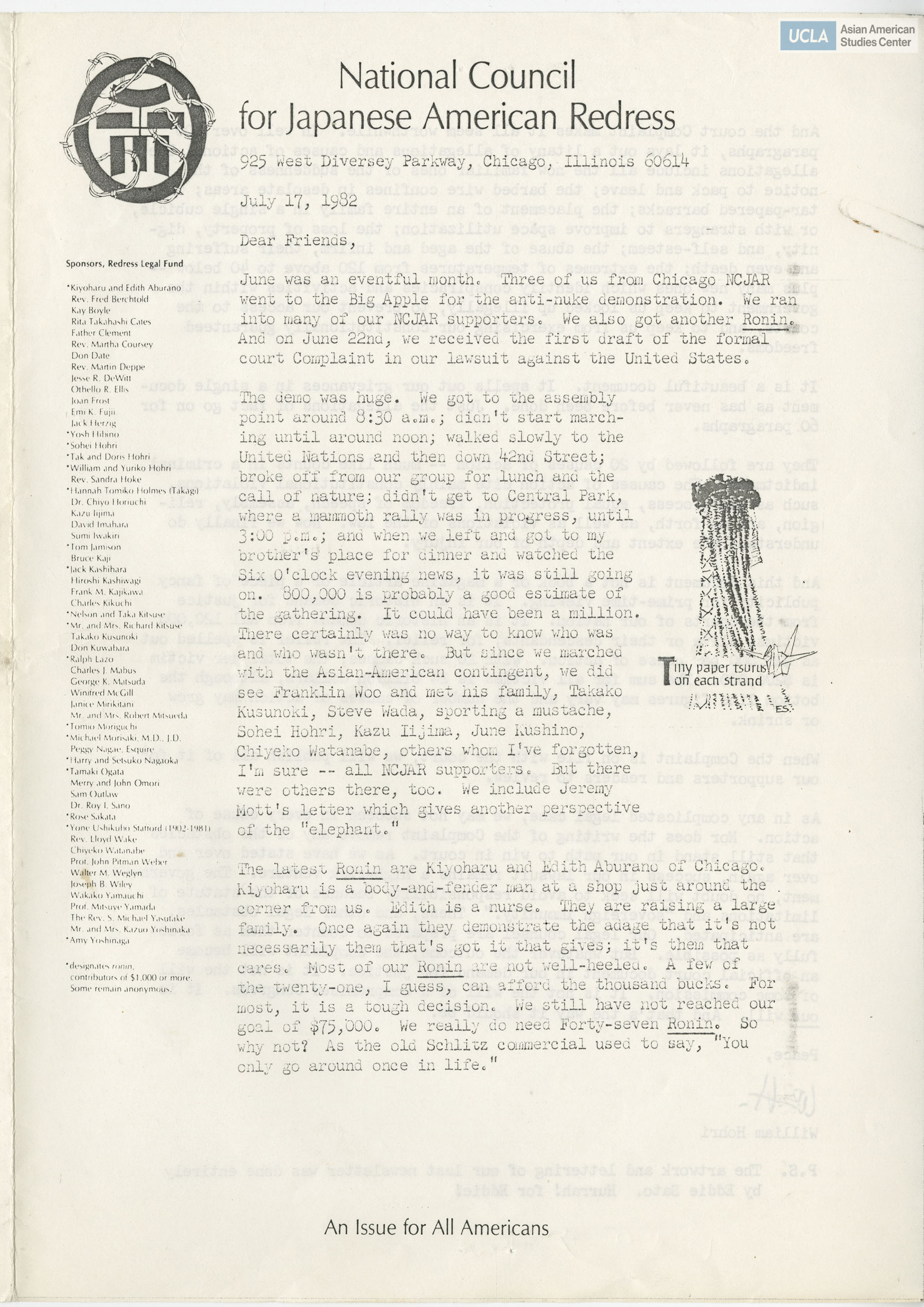 NCJAR newsletter includes titles: letter by William Hohri, letter from Jeremy Mott, 