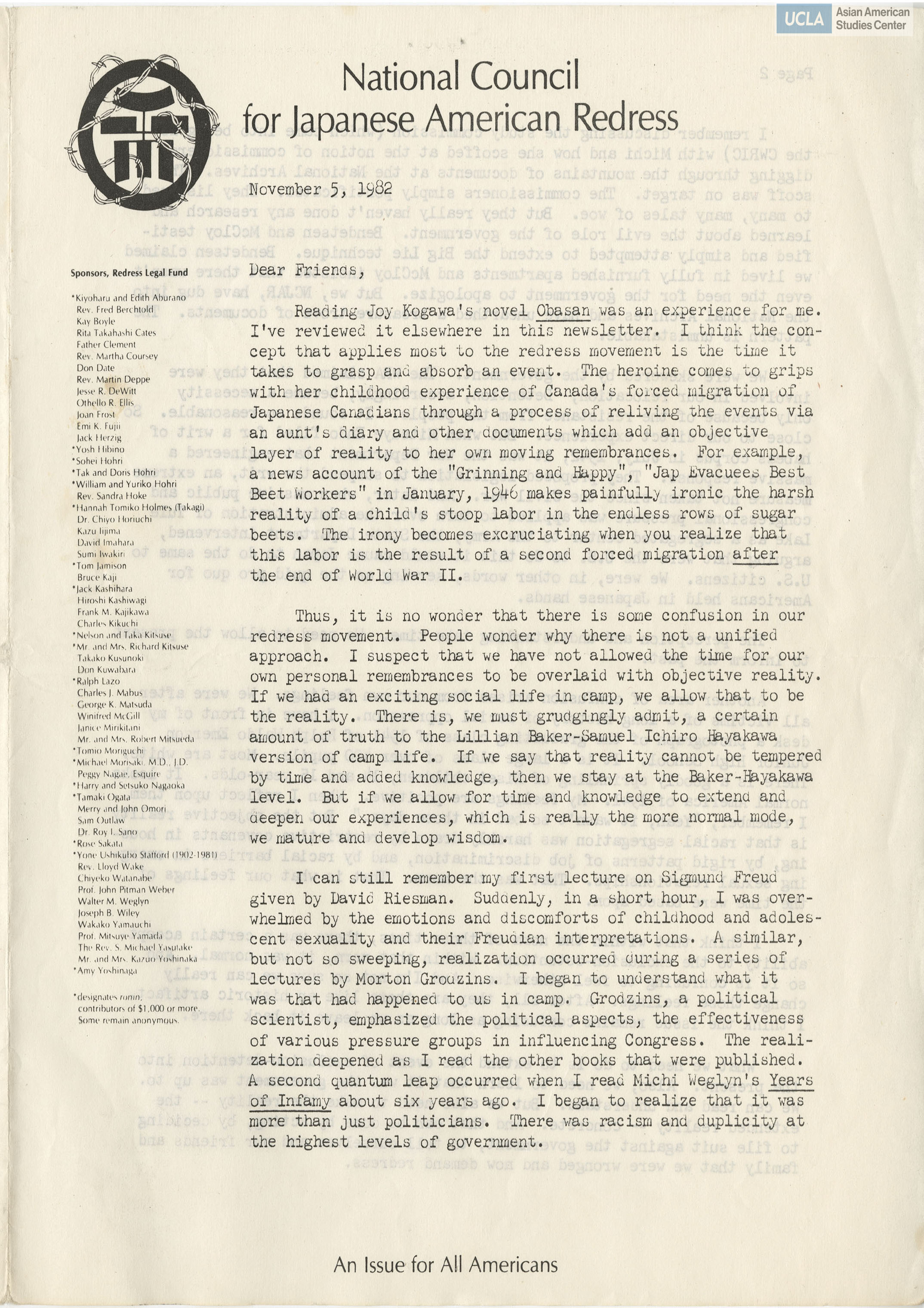 NCJAR newsletter includes titles: letter by William Hohri, 