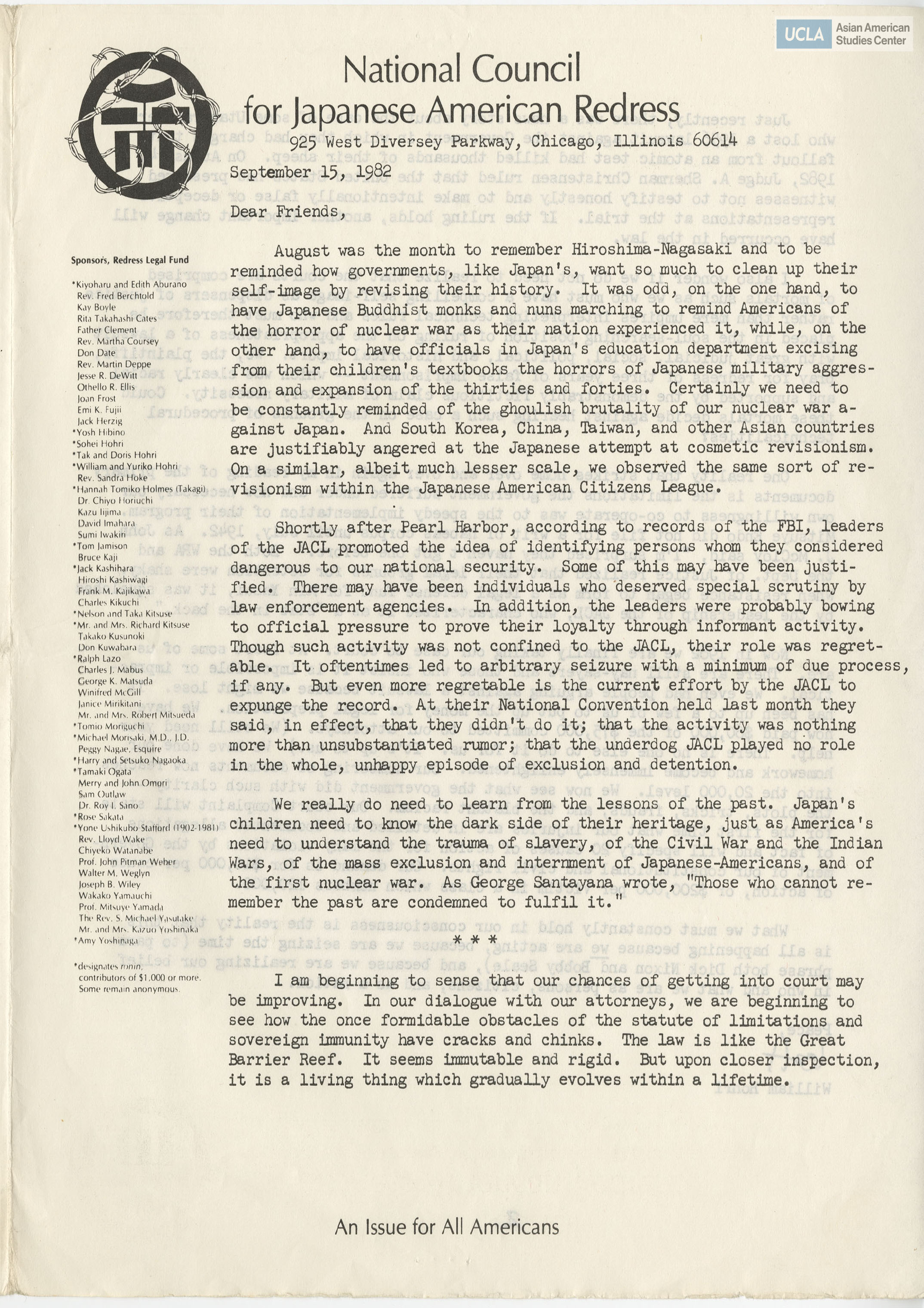 NCJAR newsletter includes titles: letter by William Hohri, 