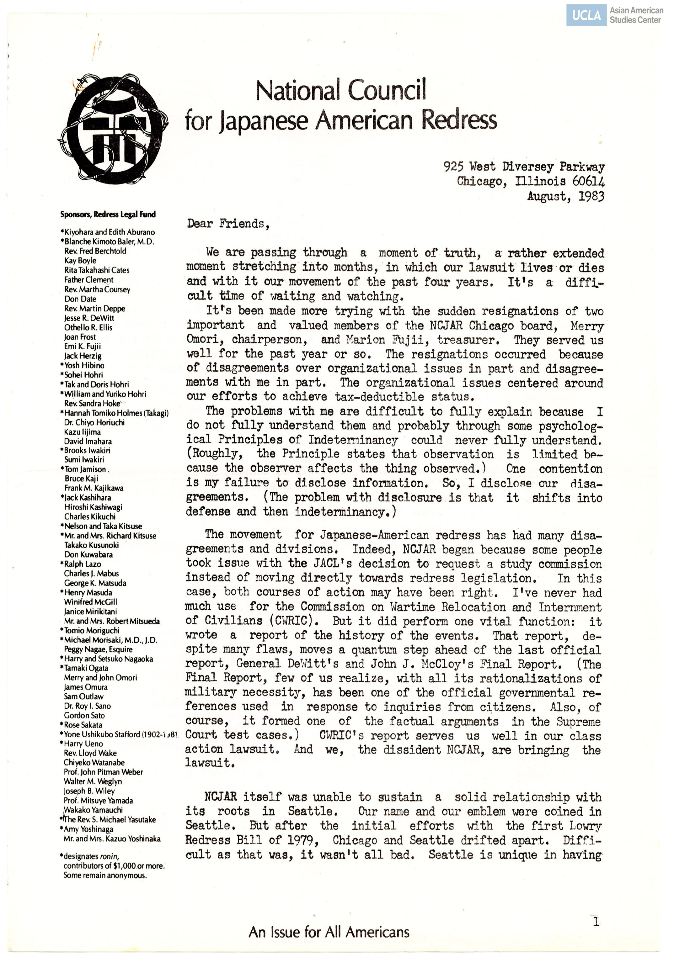 NCJAR newsletter includes titles: letter by William Hohri and 