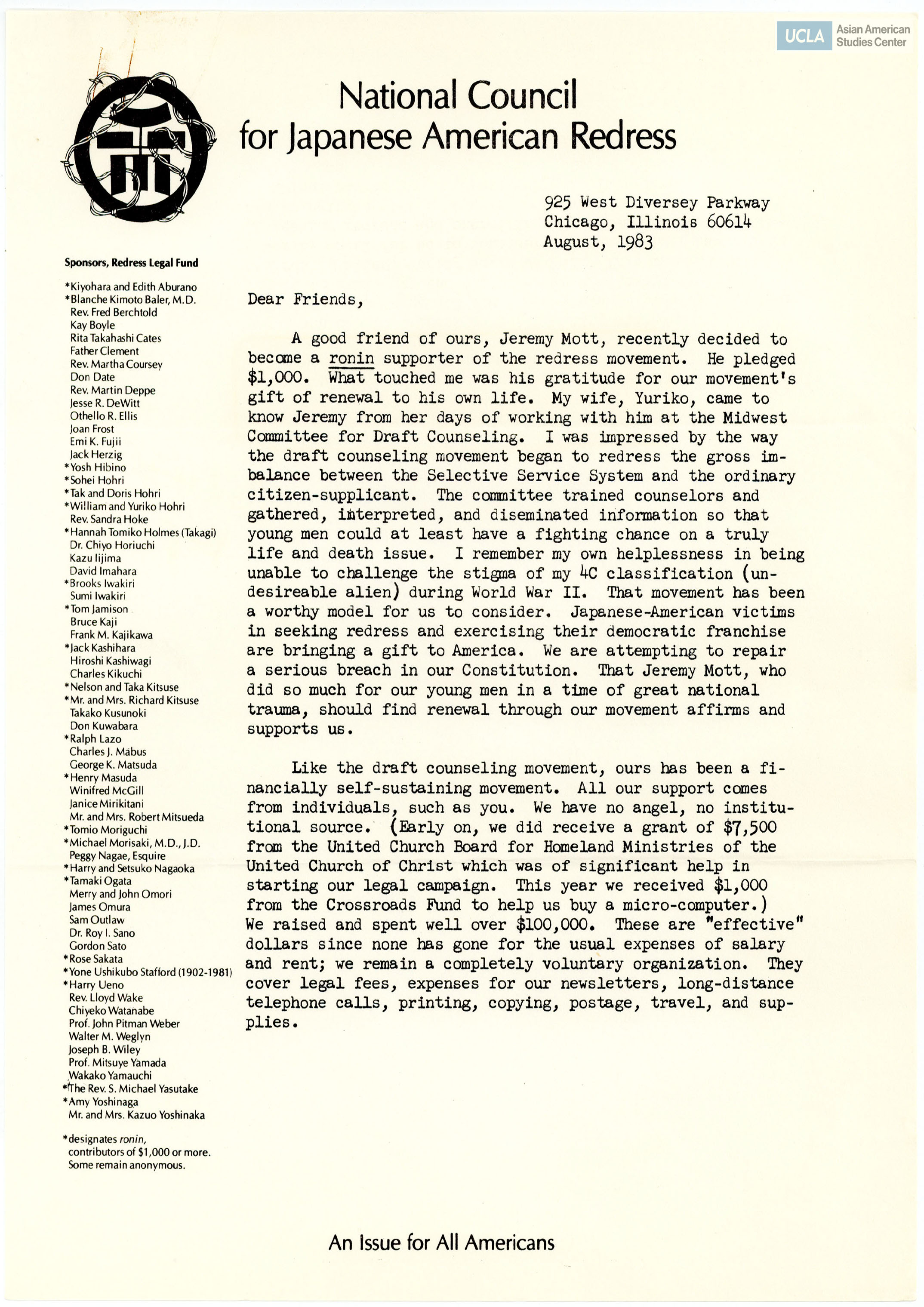 NCJAR donation letter by William Hohri on becoming a ronin supporter of Redress Movement.