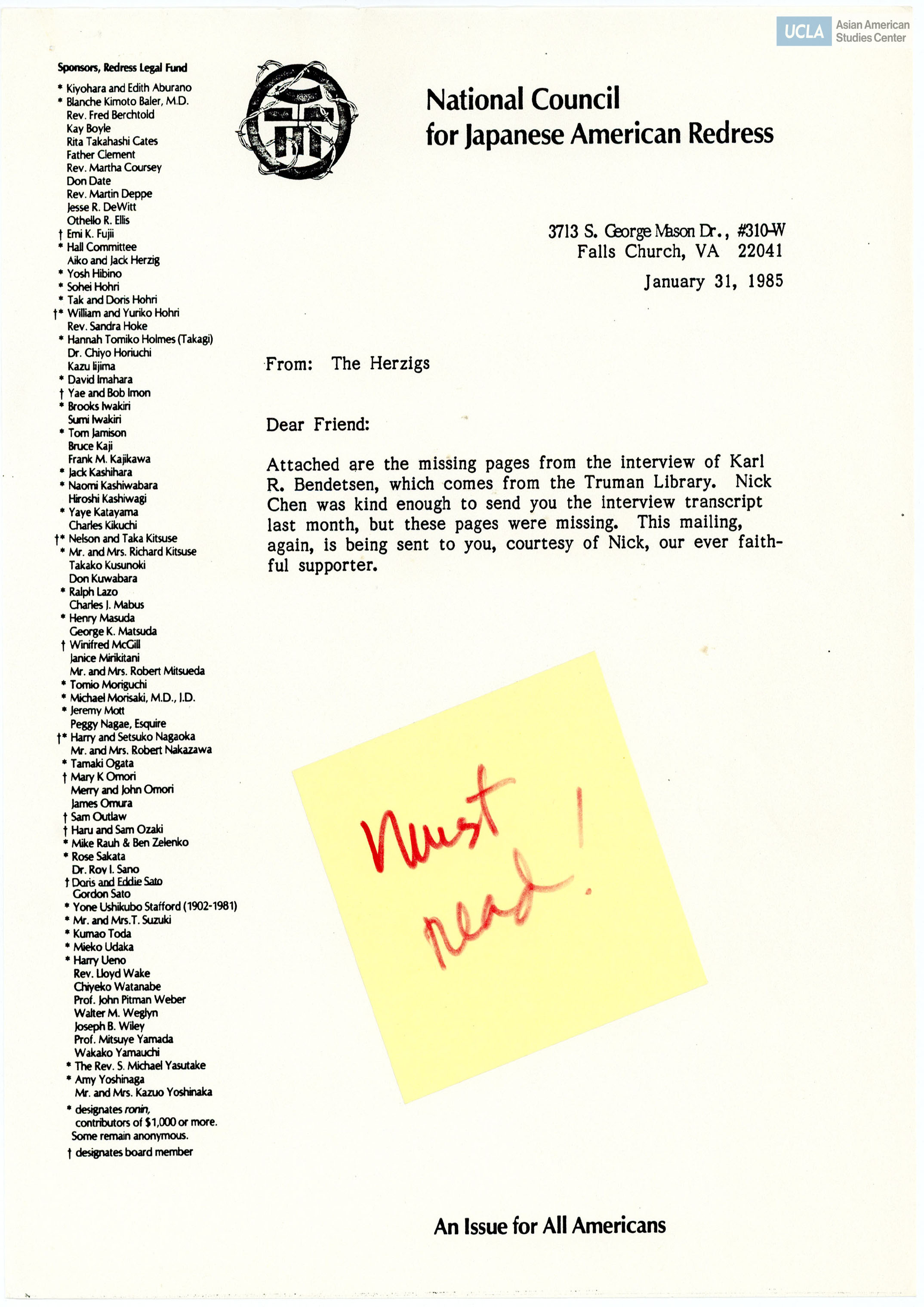 Transcription of oral history interview with Karl R. Bendetsen. Interviewed by Jerry N. Hess at the Harry S. Truman Library on October 1981. Karl R. Bendetsen was the Assistant Chief of Staff and Commanding Officer of the Wartime Civil Control Administration for the forced removal and relocation after the signing of Executive Order 9066. In later testimonies, Bendetsen denied involvement in the forced removal and detainment of Japanese Americans during World War II.