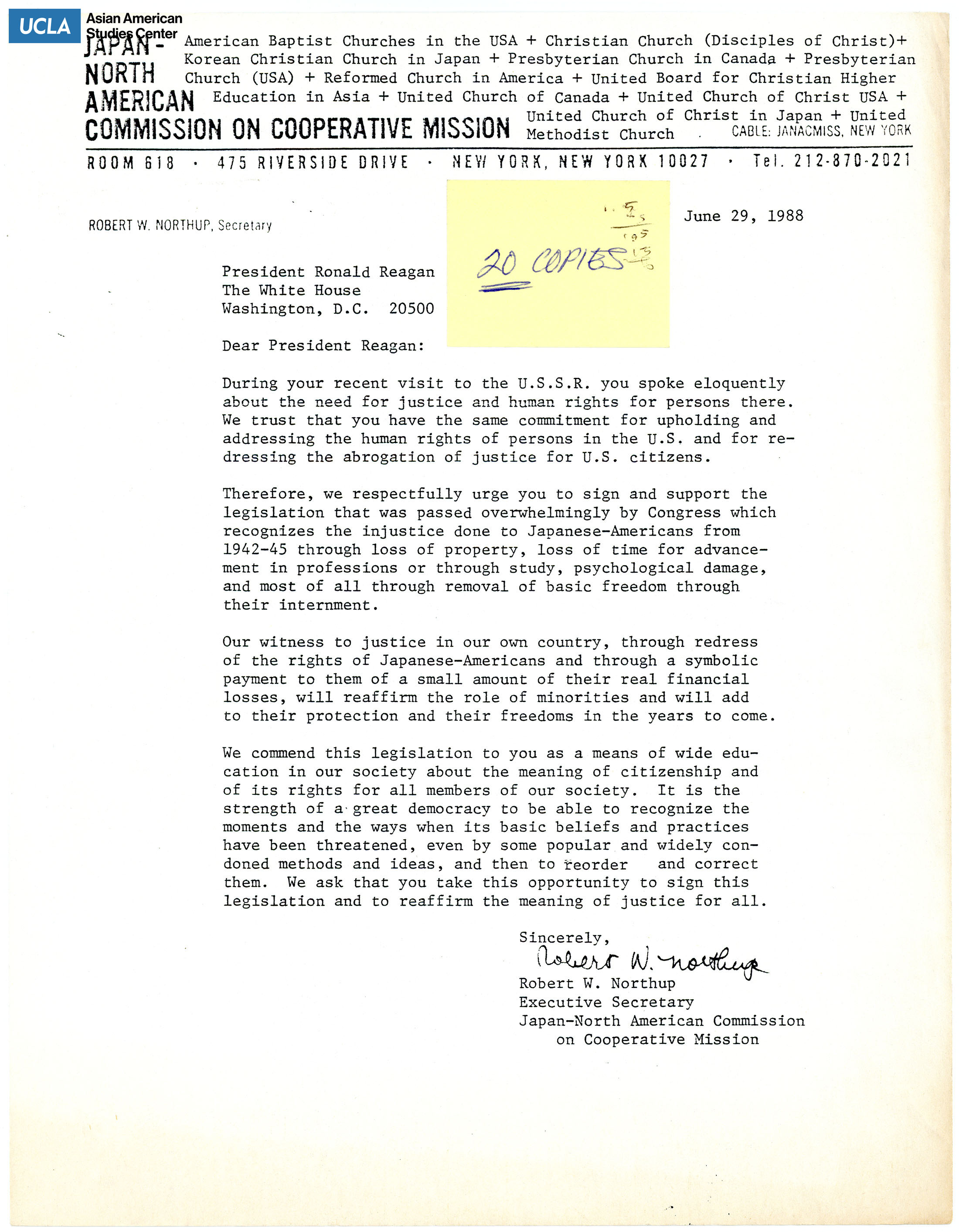 Letter addressed to President Ronald Reagan to support and sign legislation the Civil Liberties Act of 1987 for Japanese American redress.