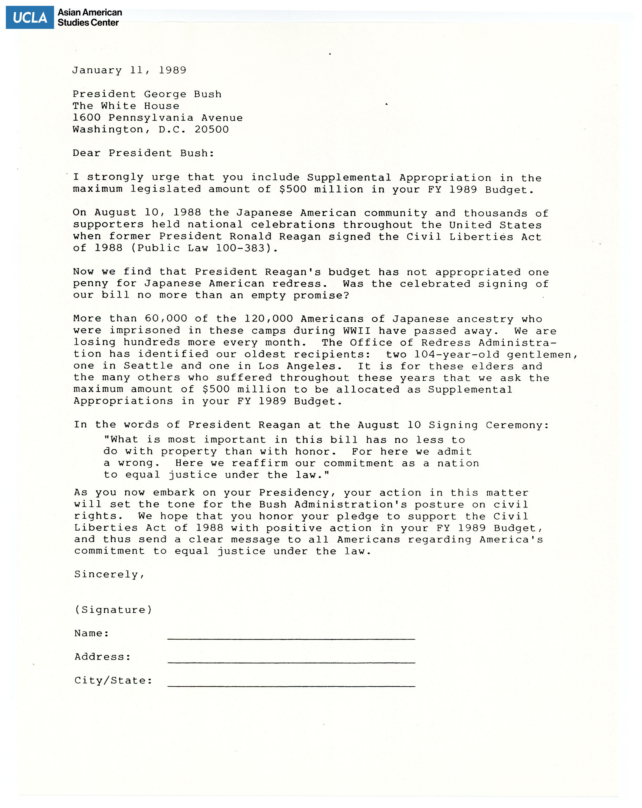 Template letter addressed to George H.W. Bush to include Supplemental Appropriation for redress compensation in the 1989 fiscal year budget.