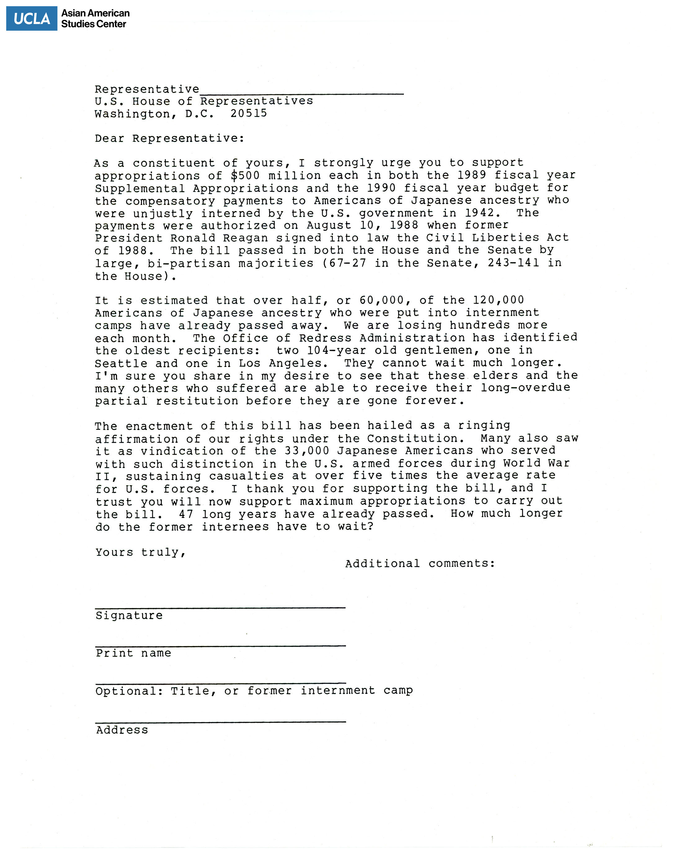 Template letter addressed to local representative on support for redress compensation in the 1989 fiscal year budget.