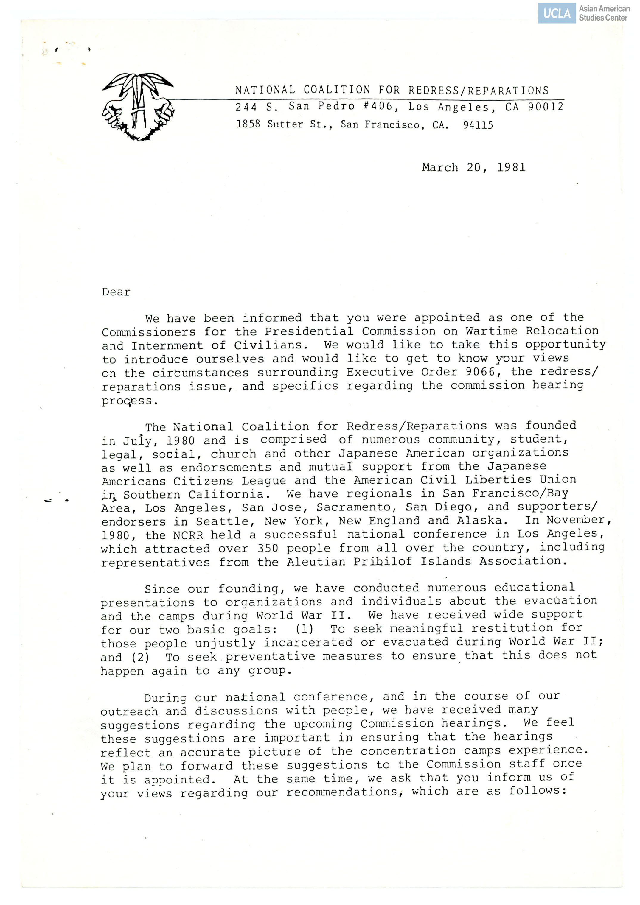 Letter of introduction to Commissioner for the Presidential Commission on Wartime Relocation and Internment of Civilians on the founding of the National Coalition for Redress/Reparations.