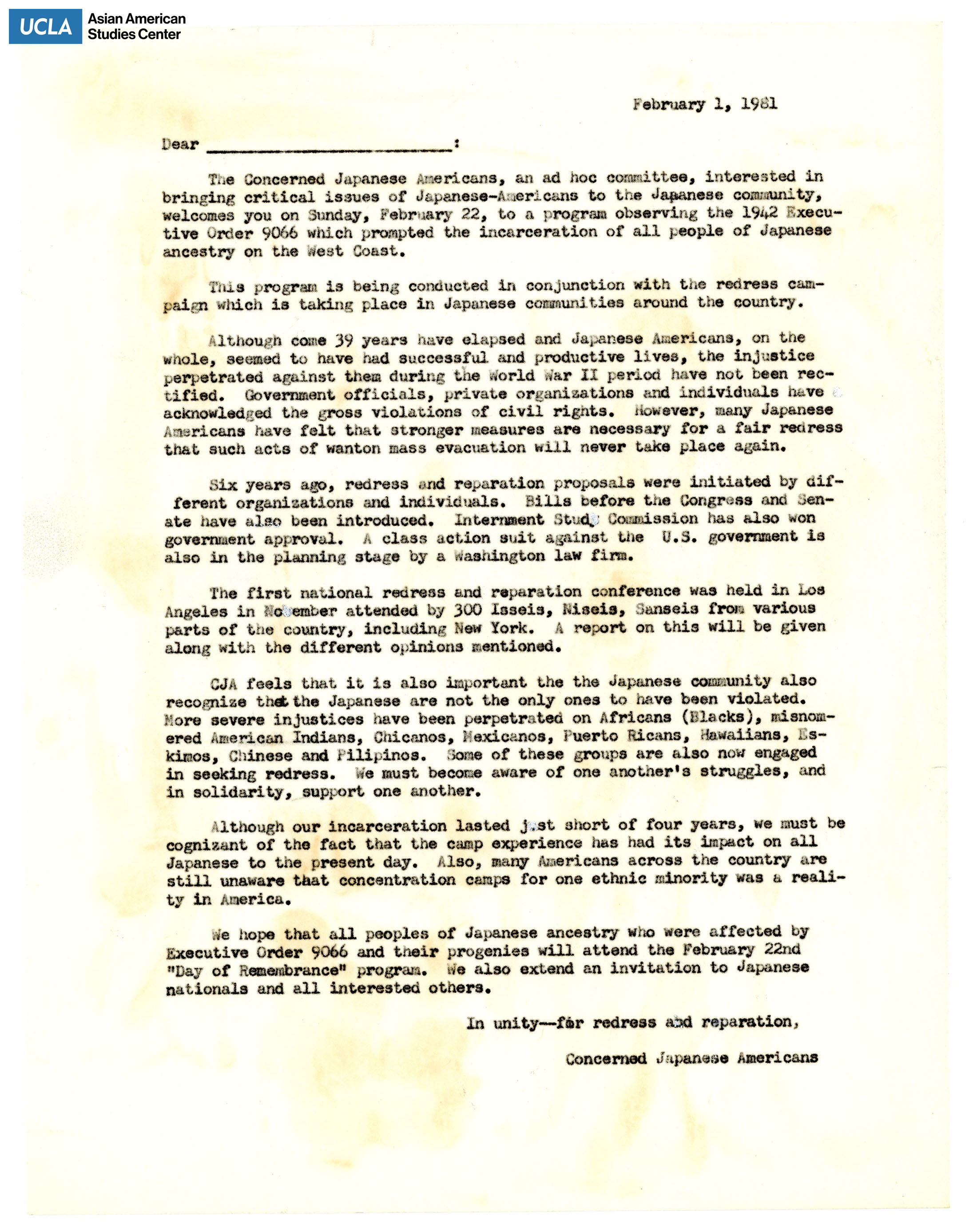 Letter from Concerned Japanese Americans on attending a program observing the Executive Order 9066 which coincides with the redress campaign.