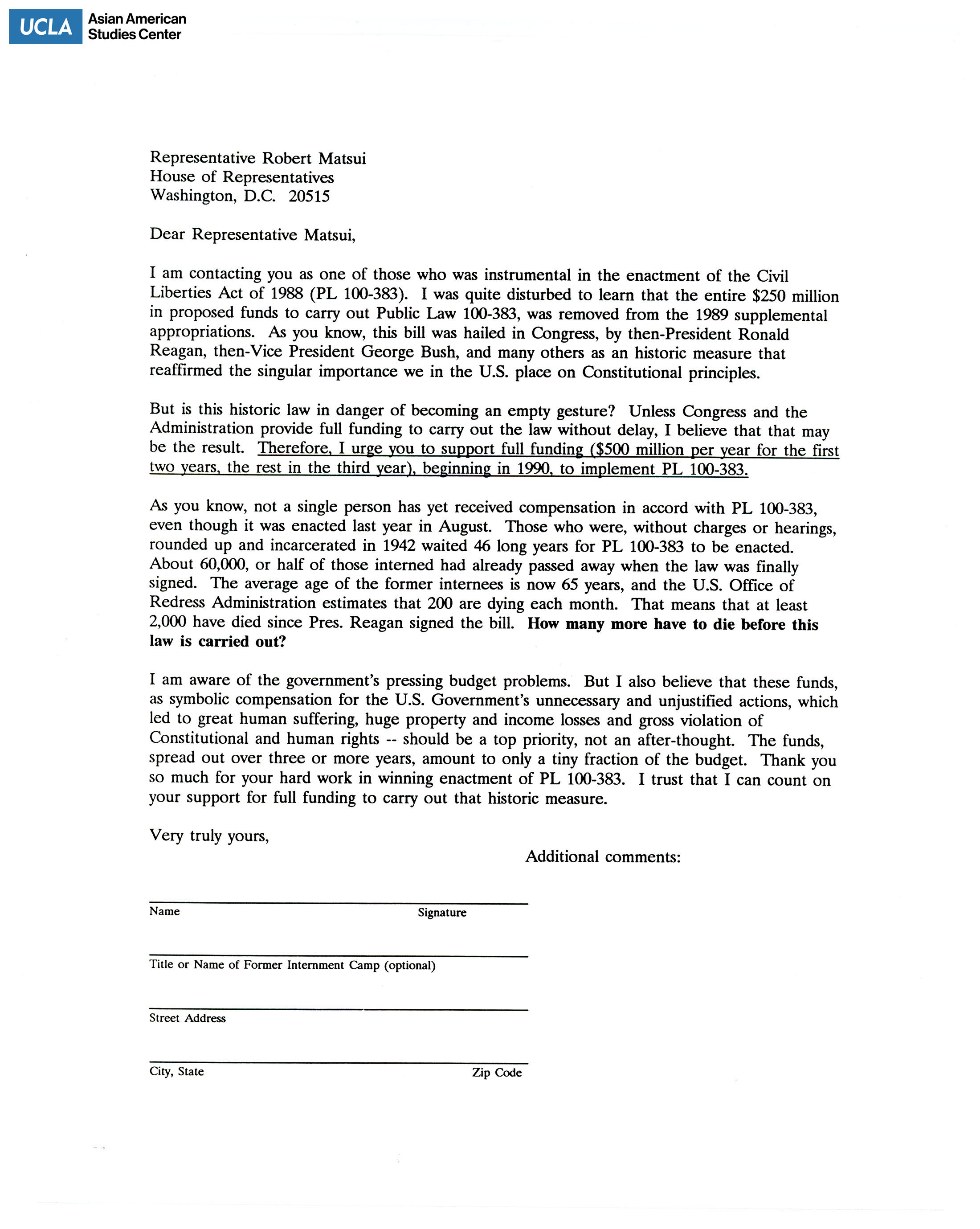 Letter addressed to Representative Robert Matsui for support on supplemental appropriations for the 1989 fiscal year budget.