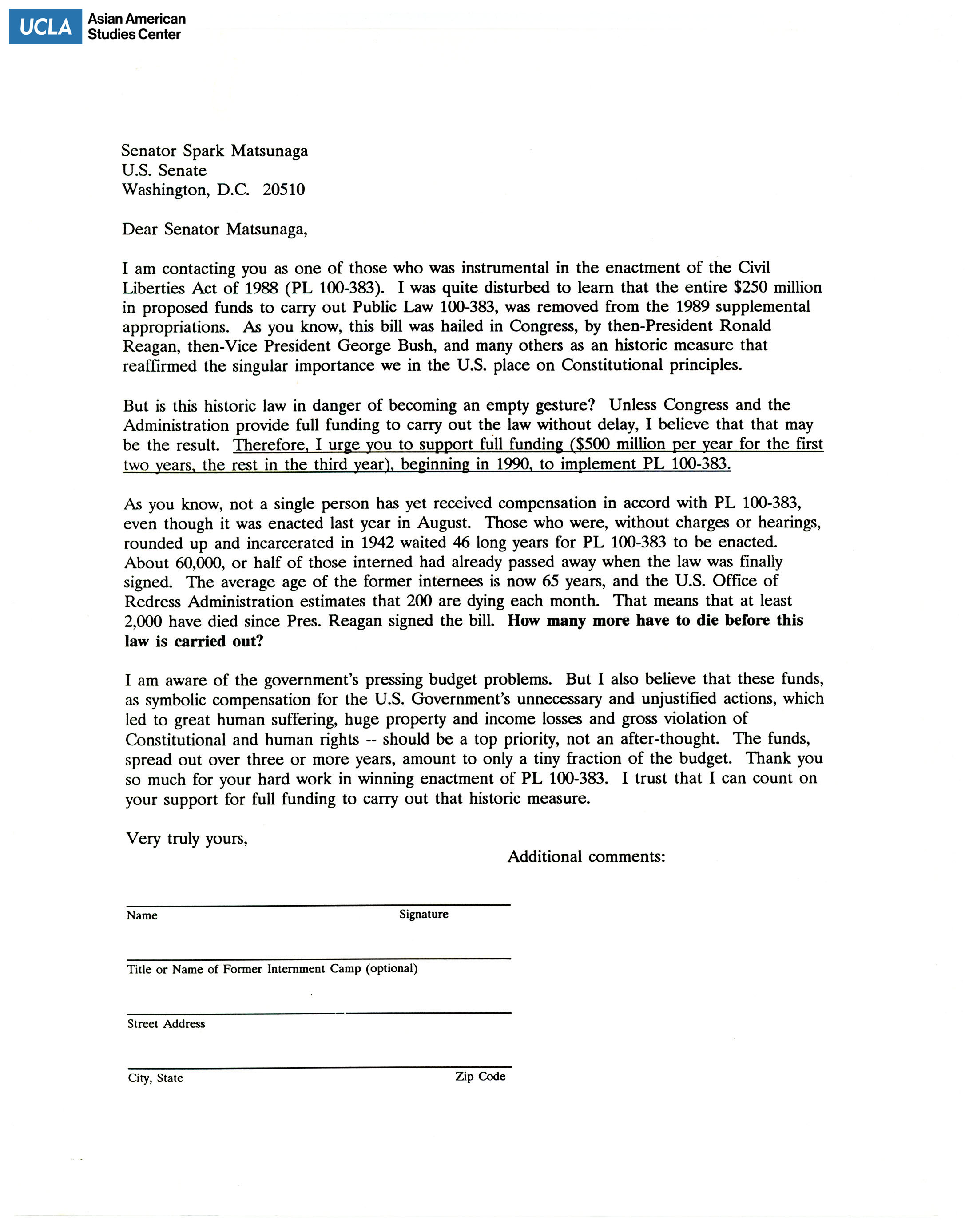 Letter addressed to Senator Spark Matsunaga for support on supplemental appropriations for the 1989 fiscal year budget.