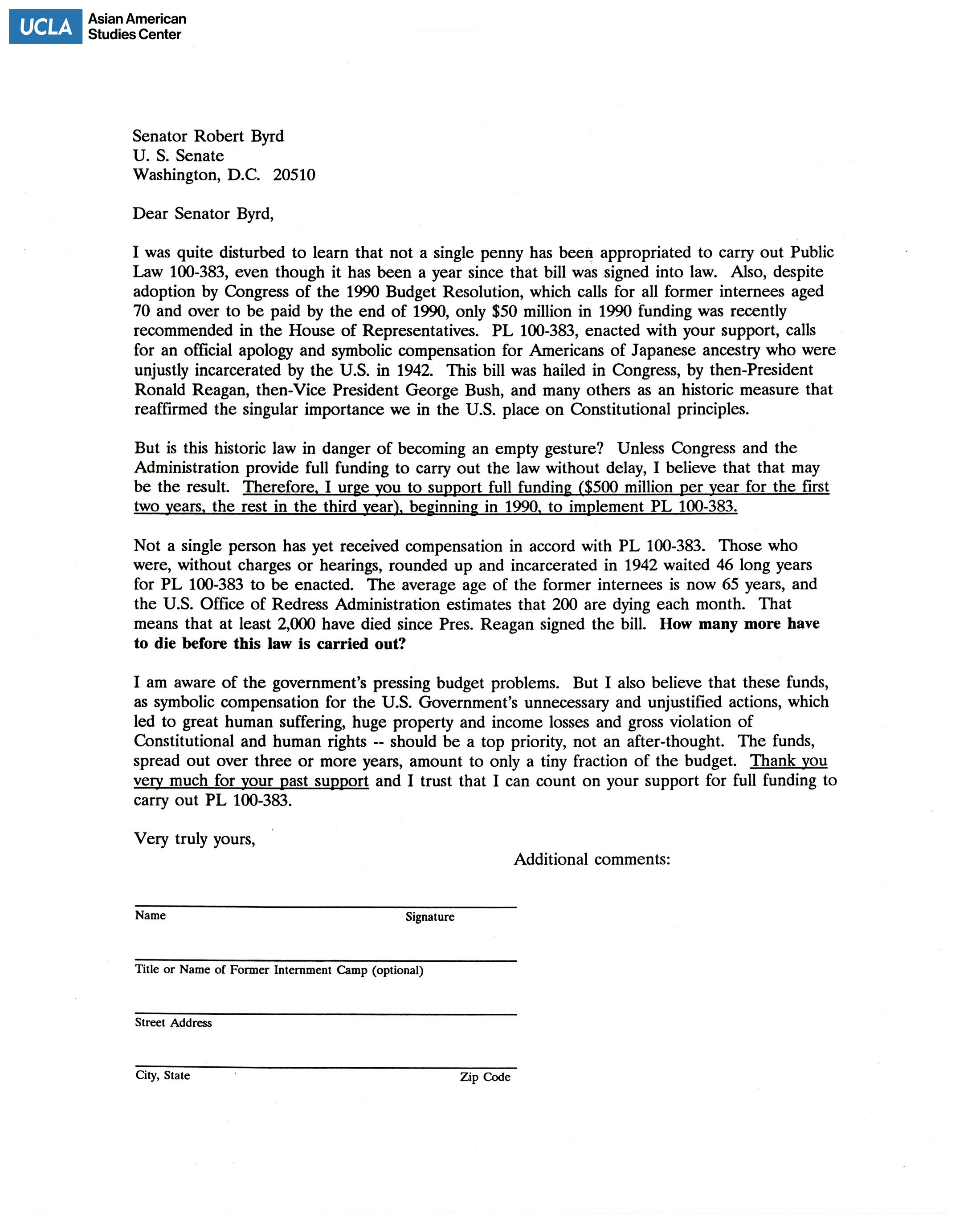 Letter addressed to Senator Robert Byrd for support on supplemental appropriations for the 1989 fiscal year budget.