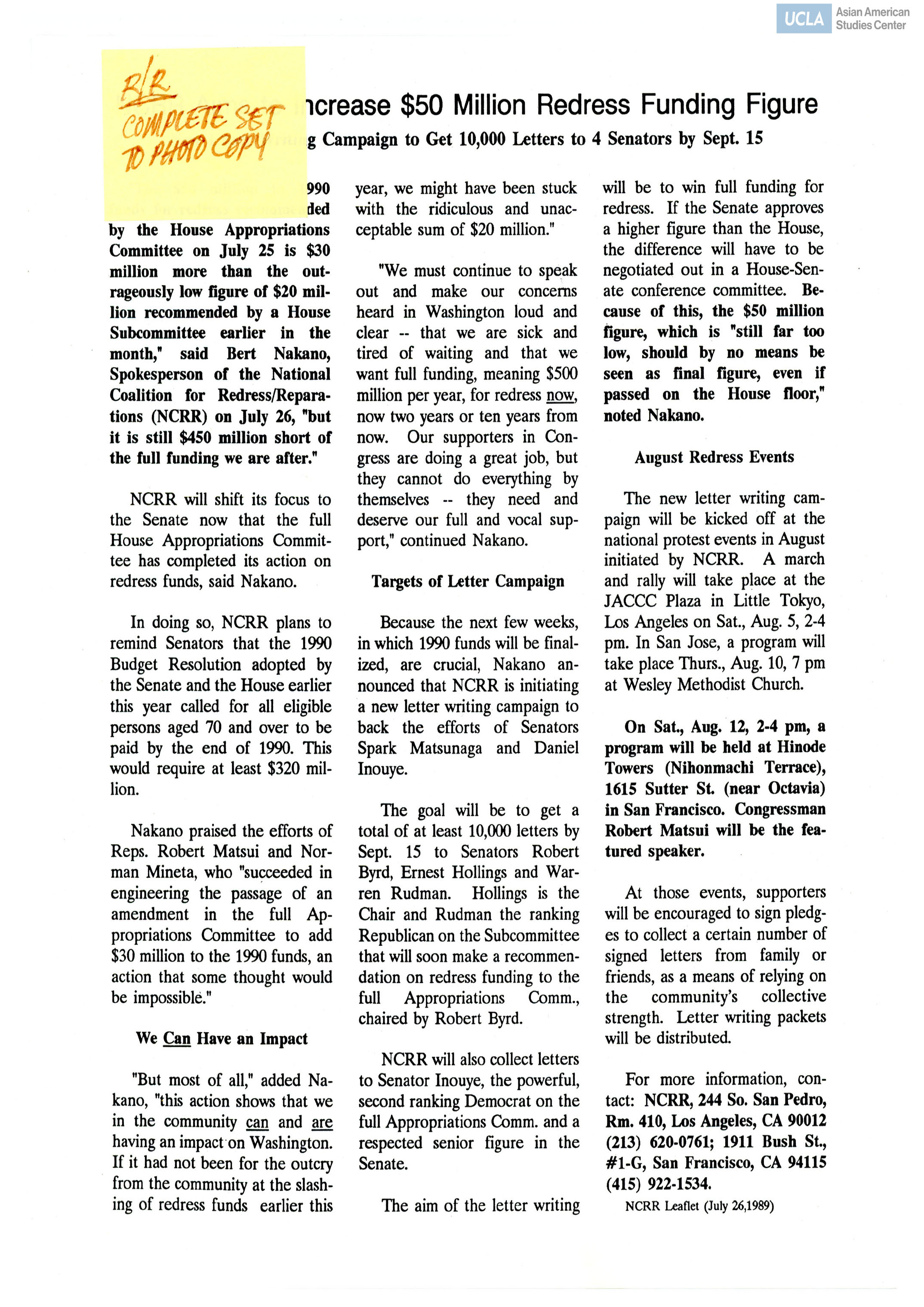 NCRR leaflet regarding creating a campaign to get 10,000 letters sent to 4 senators in gaining support for supplemental appropriations on redress.