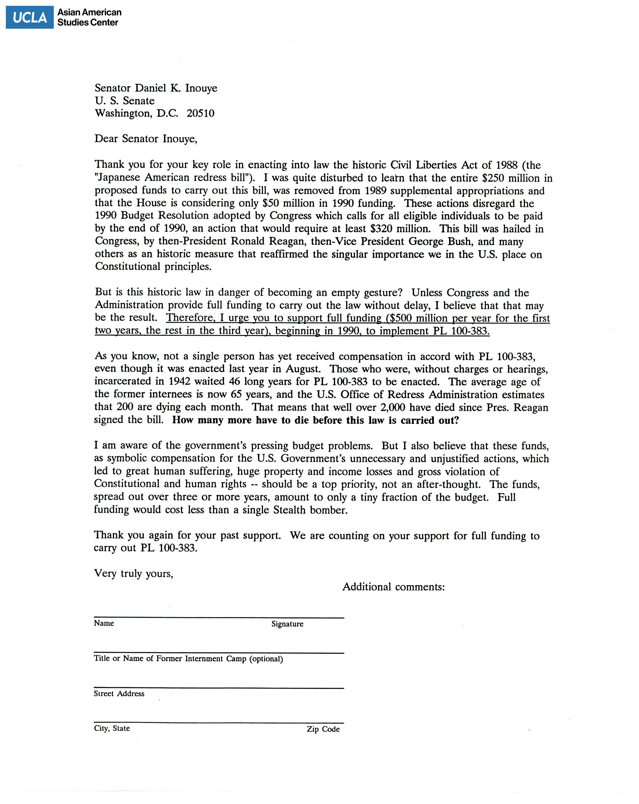 Letter addressed to Senator Daniel K. Inouye for support on supplemental appropriations for the 1989 fiscal year budget.