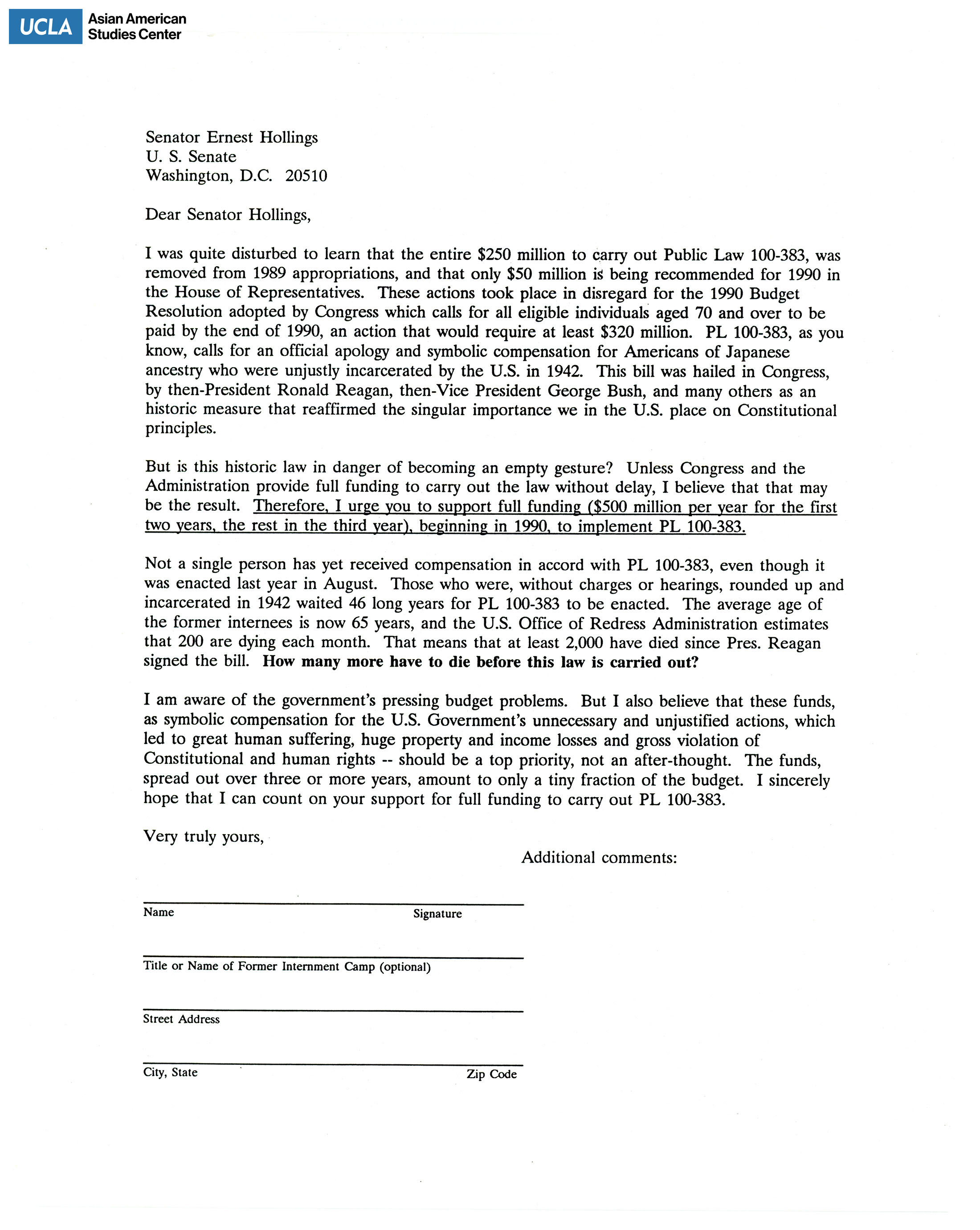 Letter addressed to Senator Ernest Hollings for support on supplemental appropriations for the 1989 fiscal year budget.
