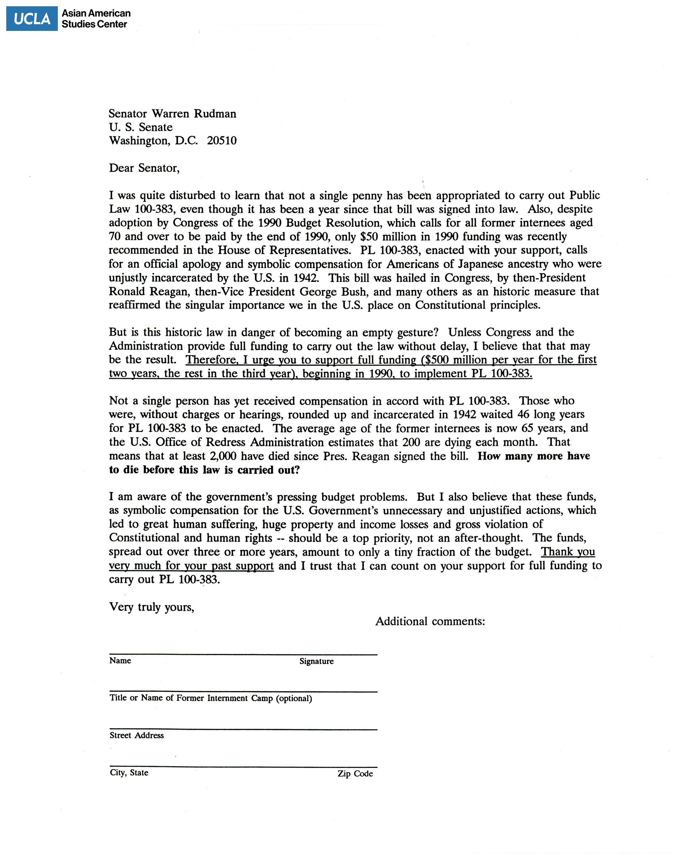 Letter addressed to Senator Warren Rudman for support on supplemental appropriations for the 1989 fiscal year budget.