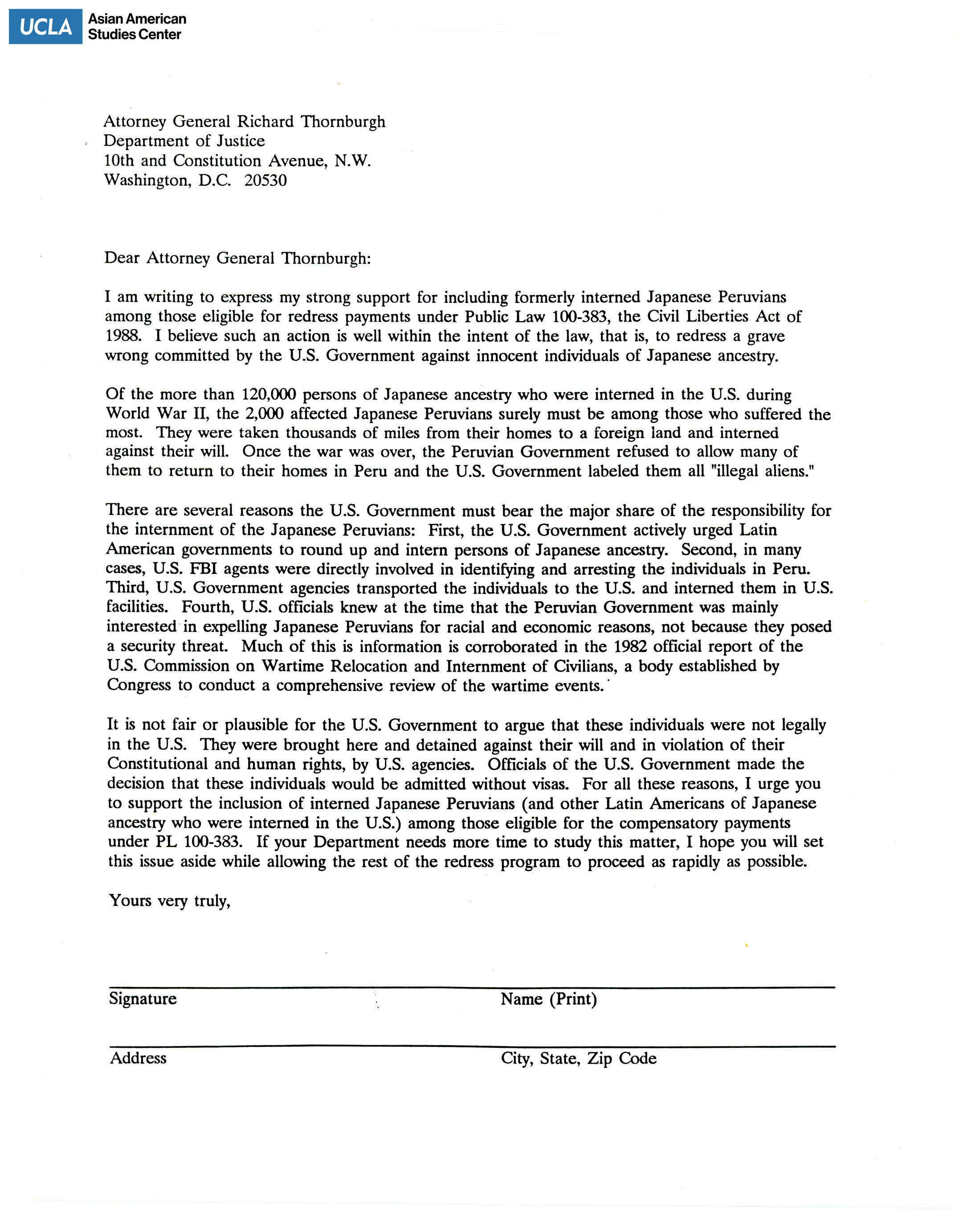 Template letter addressed to Attorney General Richard Thornburgh to re-evaluate the eligibilty requirements for Japanese American redress to extend to Japanese Peruvians.
