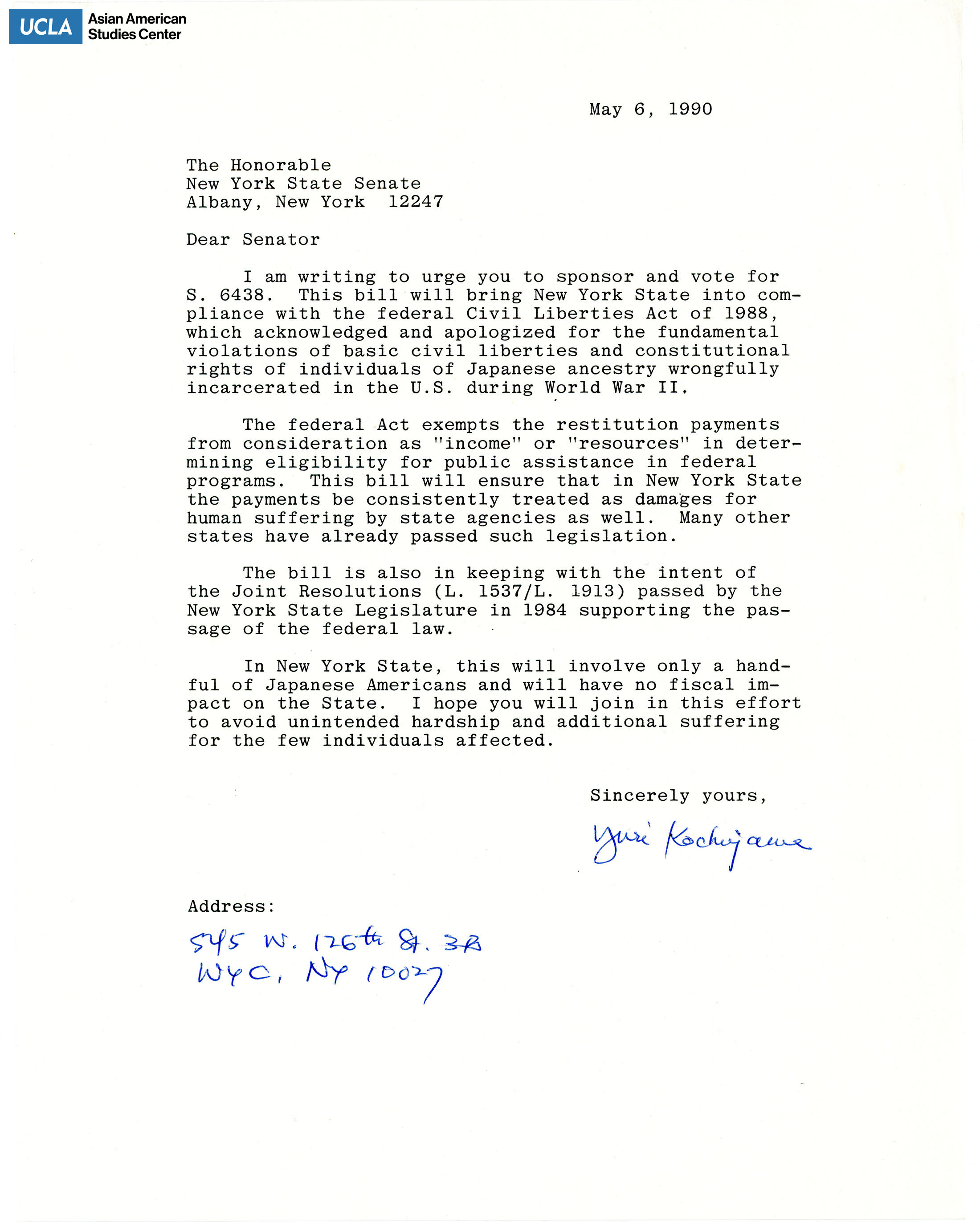Letter addressed to New York Senate on sponsorship and vote for the S. 6438 bill. Signed by Yuri Kochiyama.