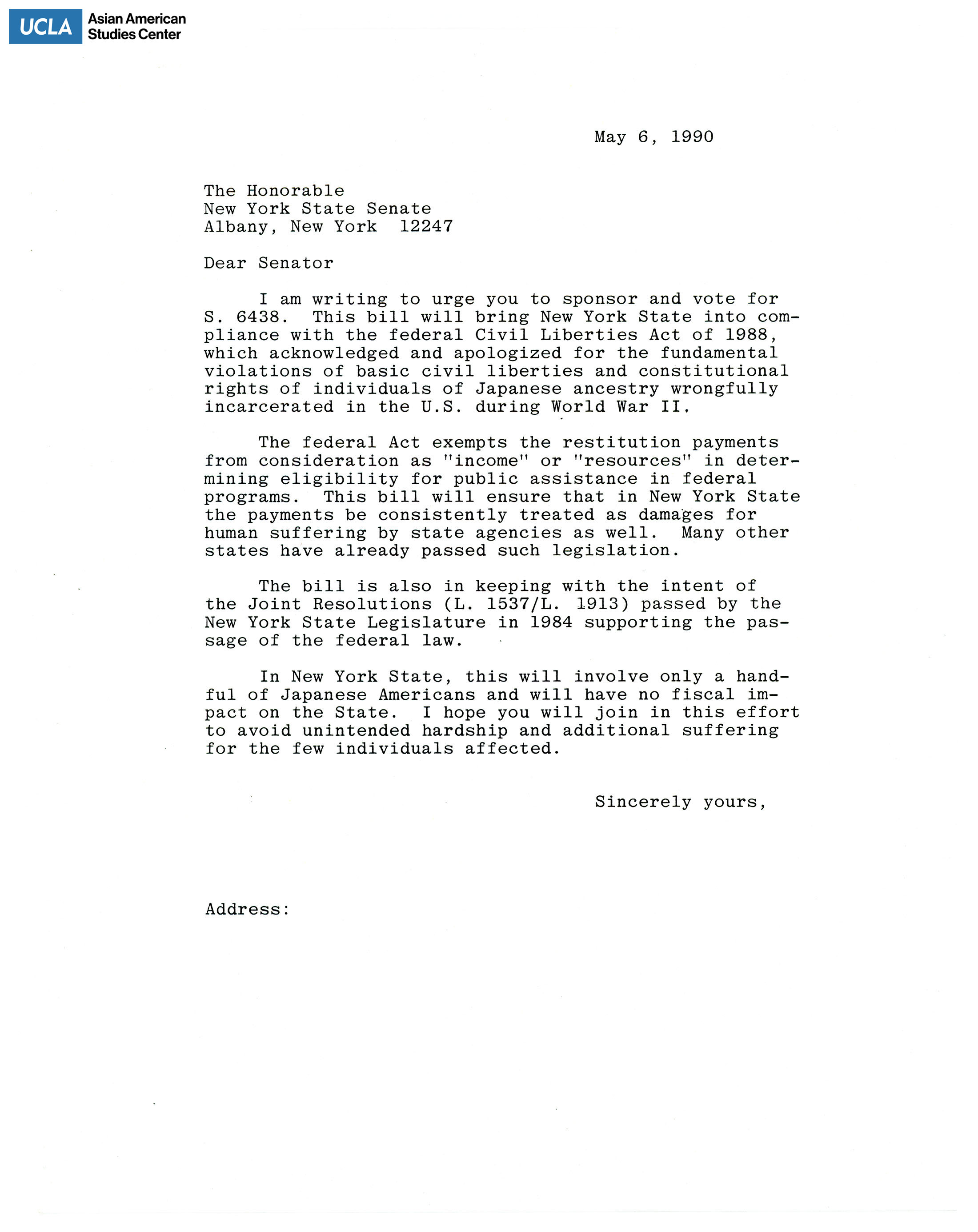 Template letter addressed to New York Senate on sponsorship and vote for the S. 6438 bill.