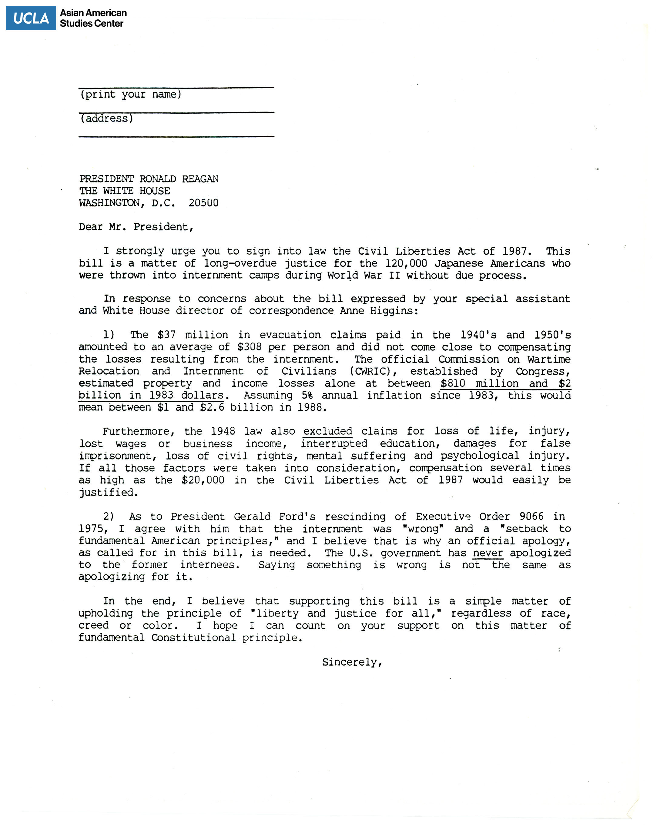 Template letter addressed to President Ronald Reagan for support and to sign the Civil Liberties Act of 1987 into law.