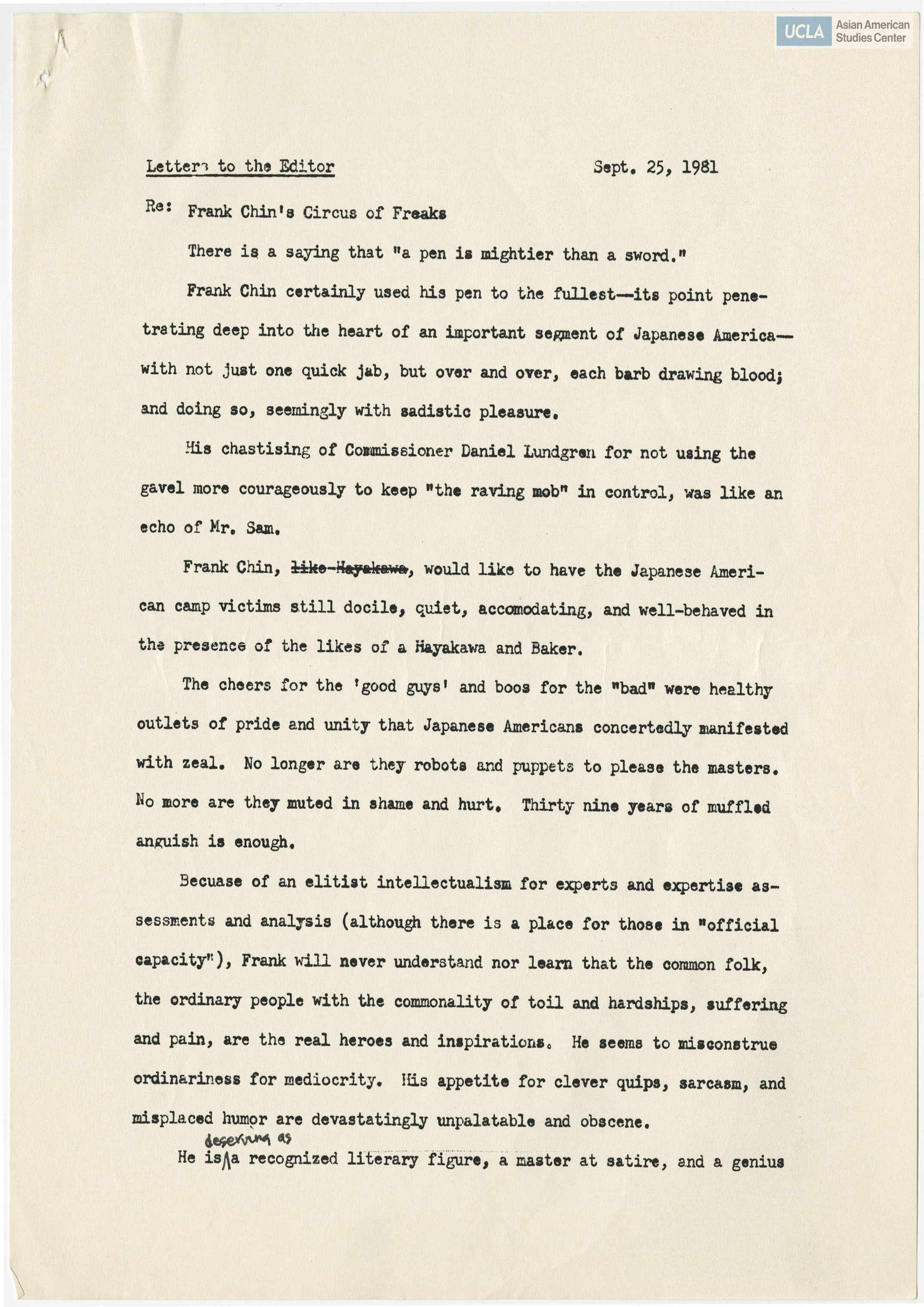 Letter regarding a response to an article written by Frank Chin.