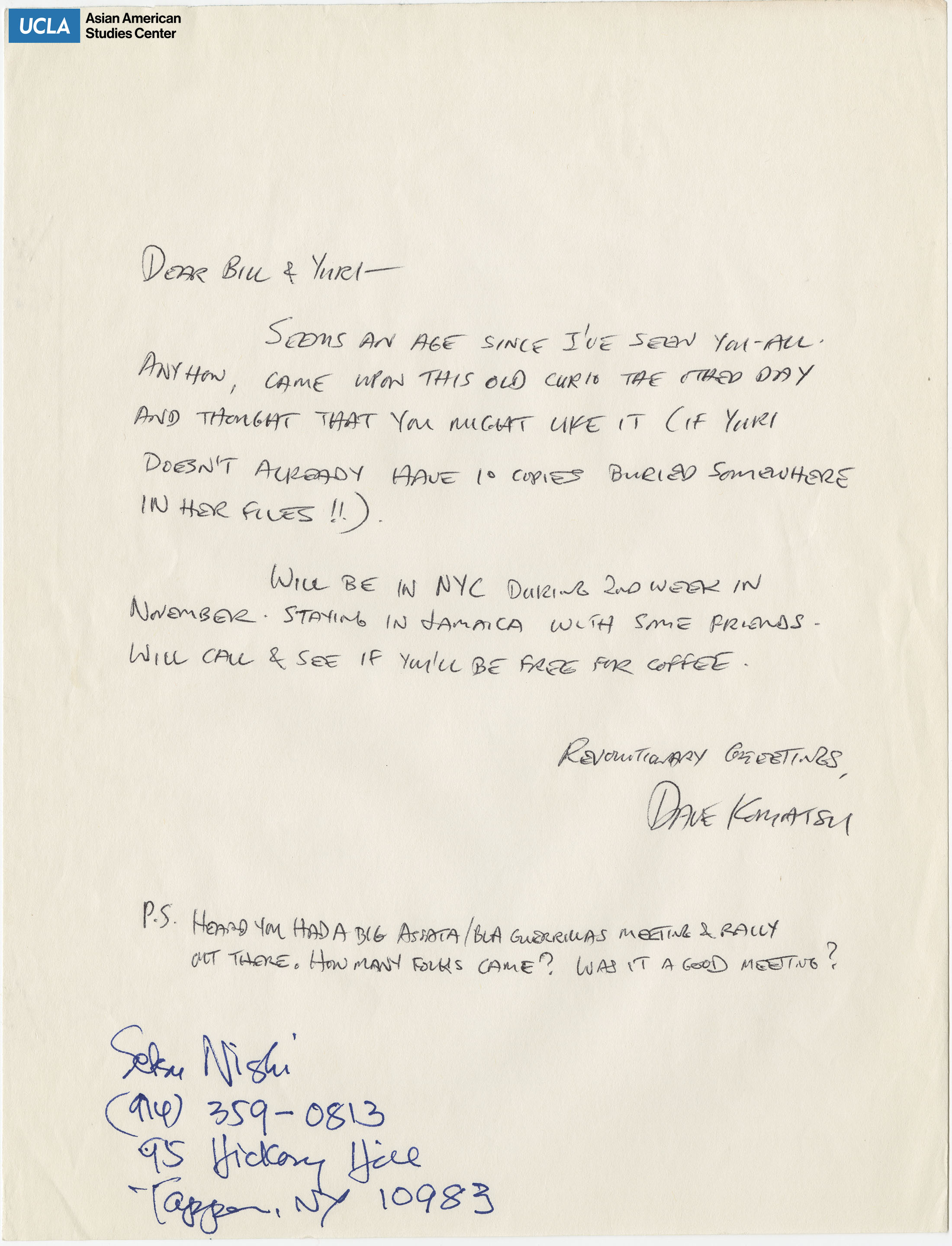 Letter addressed to Yuri and Bill Kochiyama on sending an old curio.