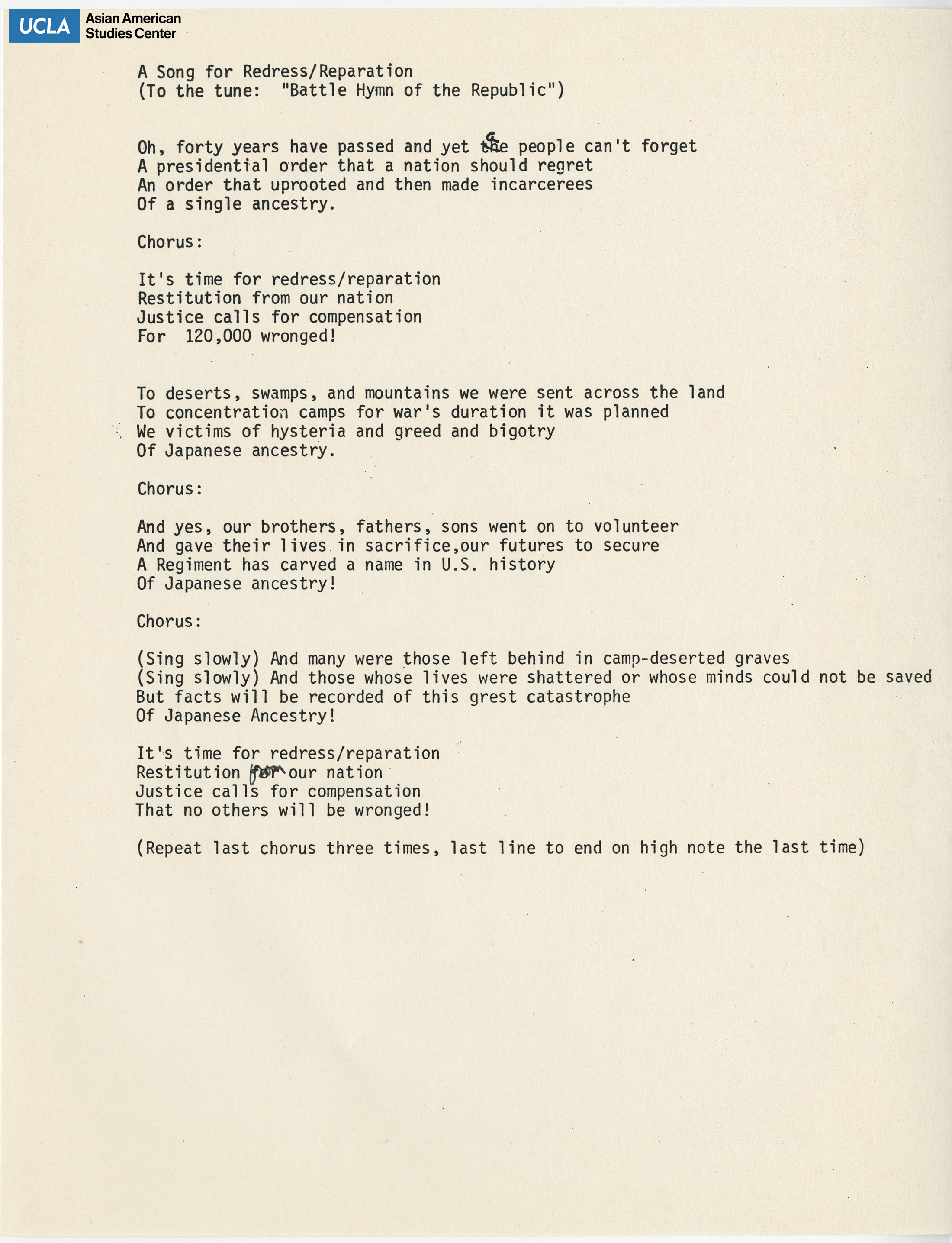 Song lyrics regarding Japanese American redress and reparations.