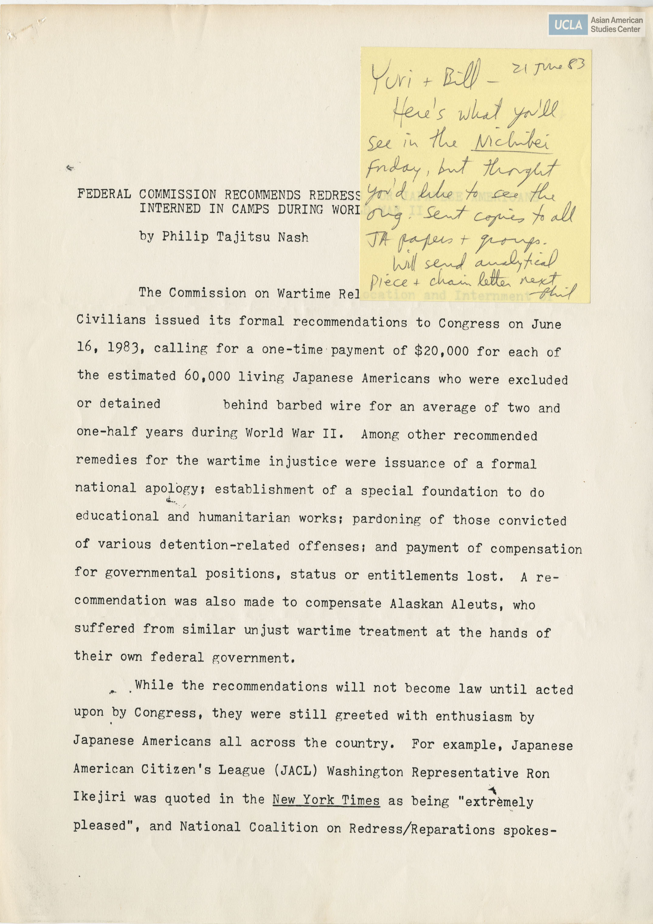 Statement by Phillip Tajutsu Nash regarding the Commission on Wartime Relocation and Internment of Civlians issued recommendations of redress for Japanese Americans.